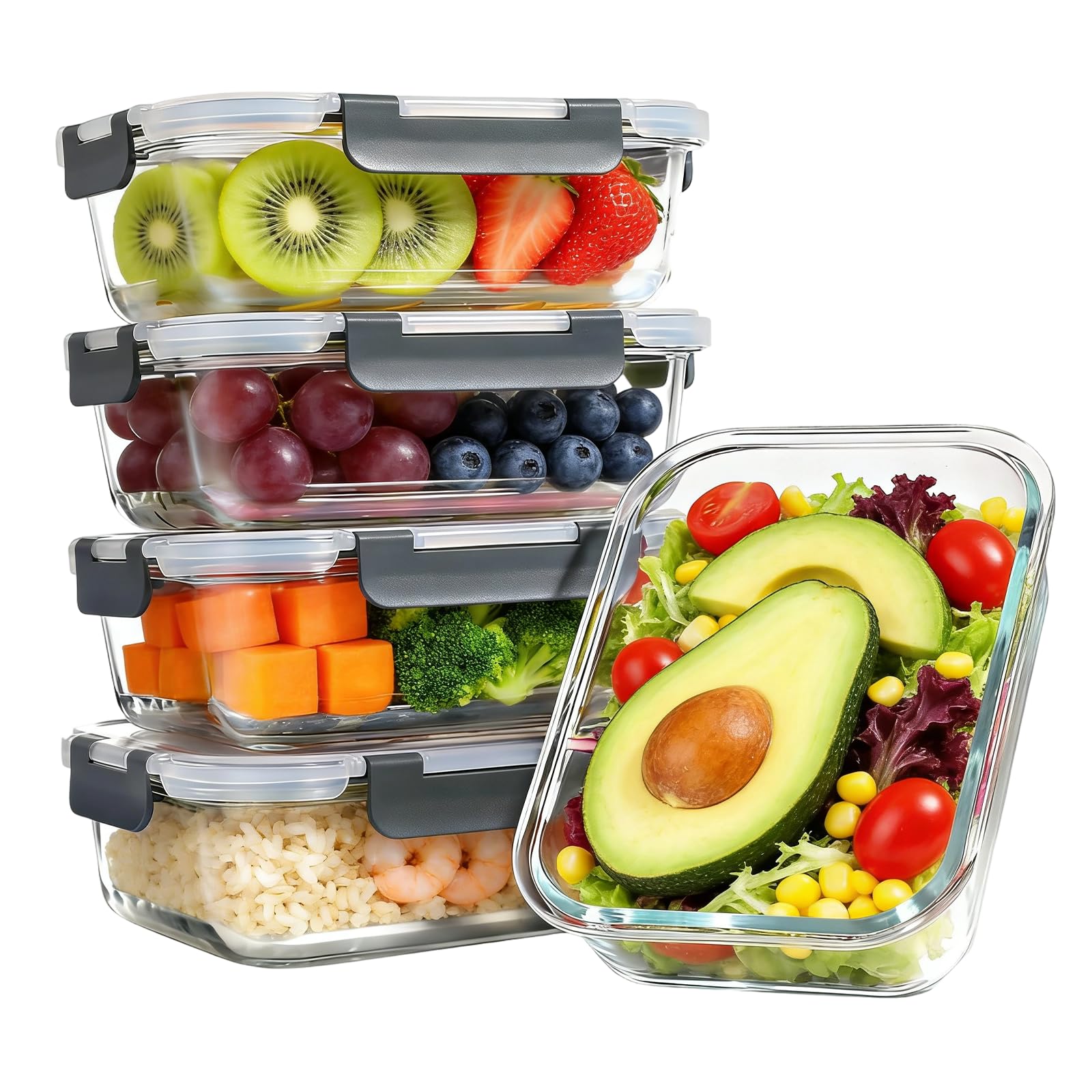 5 Pack Glass Food Storage Containers, 1040ml Glass Meal Prep Containers with Lids, Stackable Airtight Glass Meal Prep Containers, Oven, Microwave, Dishwasher Safe, Leak Resistant Glass Food Container