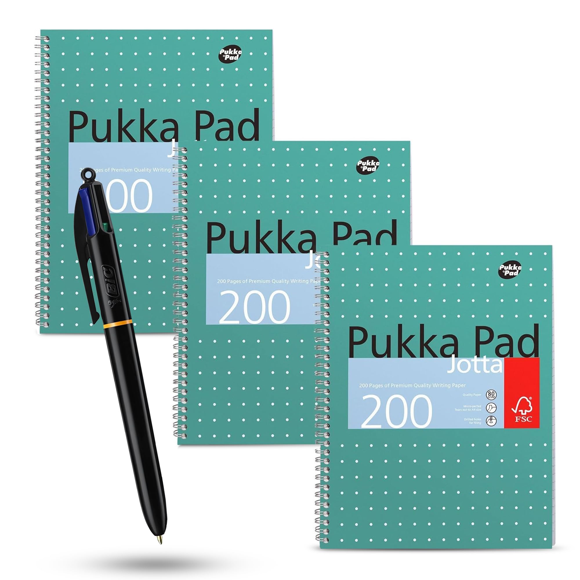 BIC 4 Colours Pro Ballpoint Pen in Blister Pack & Pukka Pad A4 Metallic Jotta Book 3 Pack Wirebound Notebook with 8mm Lines 80GSM Paper 4 Hole Punch Margins, Perforated Edges 200 Pages