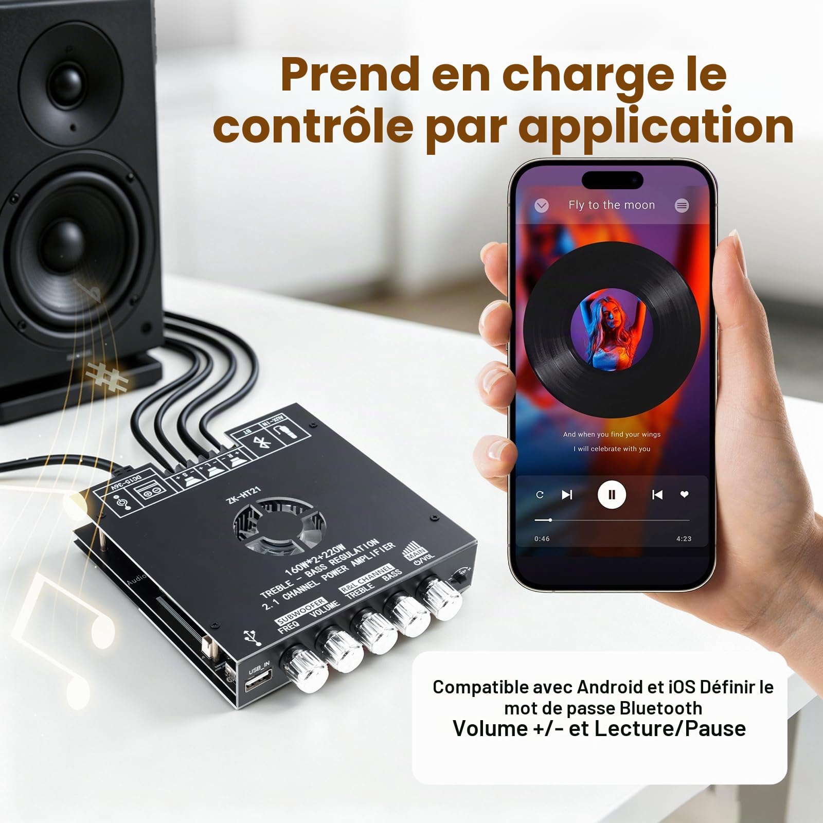 ZK-HT21 Amplificateur HiFi avec Bluetooth Mini amplificateur Audio stéréo 2.1 canaux 160W x 2 + 220 W Mini Module amplificateur stéréo TDA7498E Puce avec TB, USB, AUX, DC 15-36 V pour Haut-parleurs