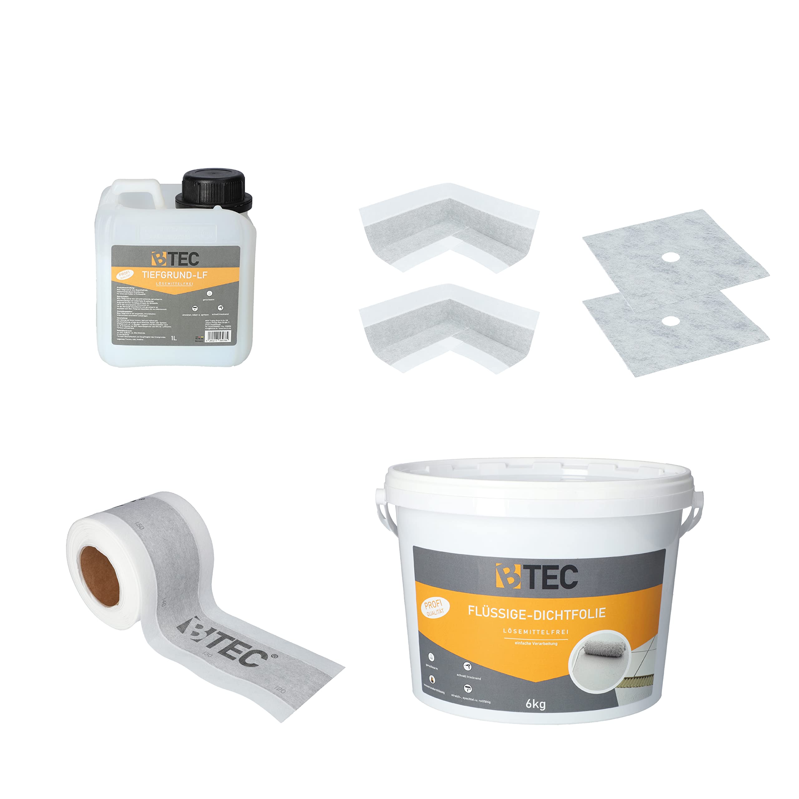 BTEC Dicht-Set Dusche "Standard" 6 Kg Flüssigfolie, 2 Innenecken, 2 Wandmanschetten, 5m Dichtband, 1l Tiefgrund Abdichtung Dichtset Abdichtungsset Fliesenabdichtung