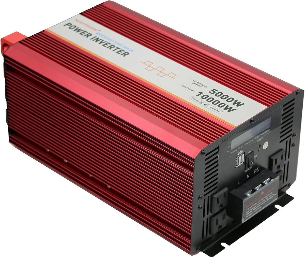 Inversor de potencia de onda sinusoidal modificada de 5000 W, 12 V, pico de 10000 vatios, convertidor de CC de 12 V a 110 V 4 CA para automóvil/camión, 2 puertos USB de 2,4 A, con puerto de carga rápida tipo C de 18 W, pantalla digital LCD MOVFFGGRM