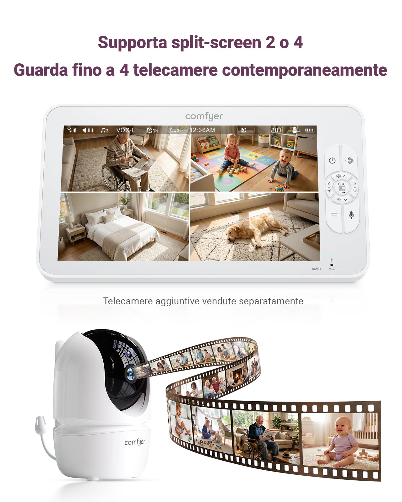 Comfyer BM01 Baby Monitor Video e Audio con 2x Telecamera, Schermo IPS 7" 720P, 4x Zoom, 6000mAh, Monitoraggio Temp, VOX, Audio Bidirezionale, Visione Notturna
