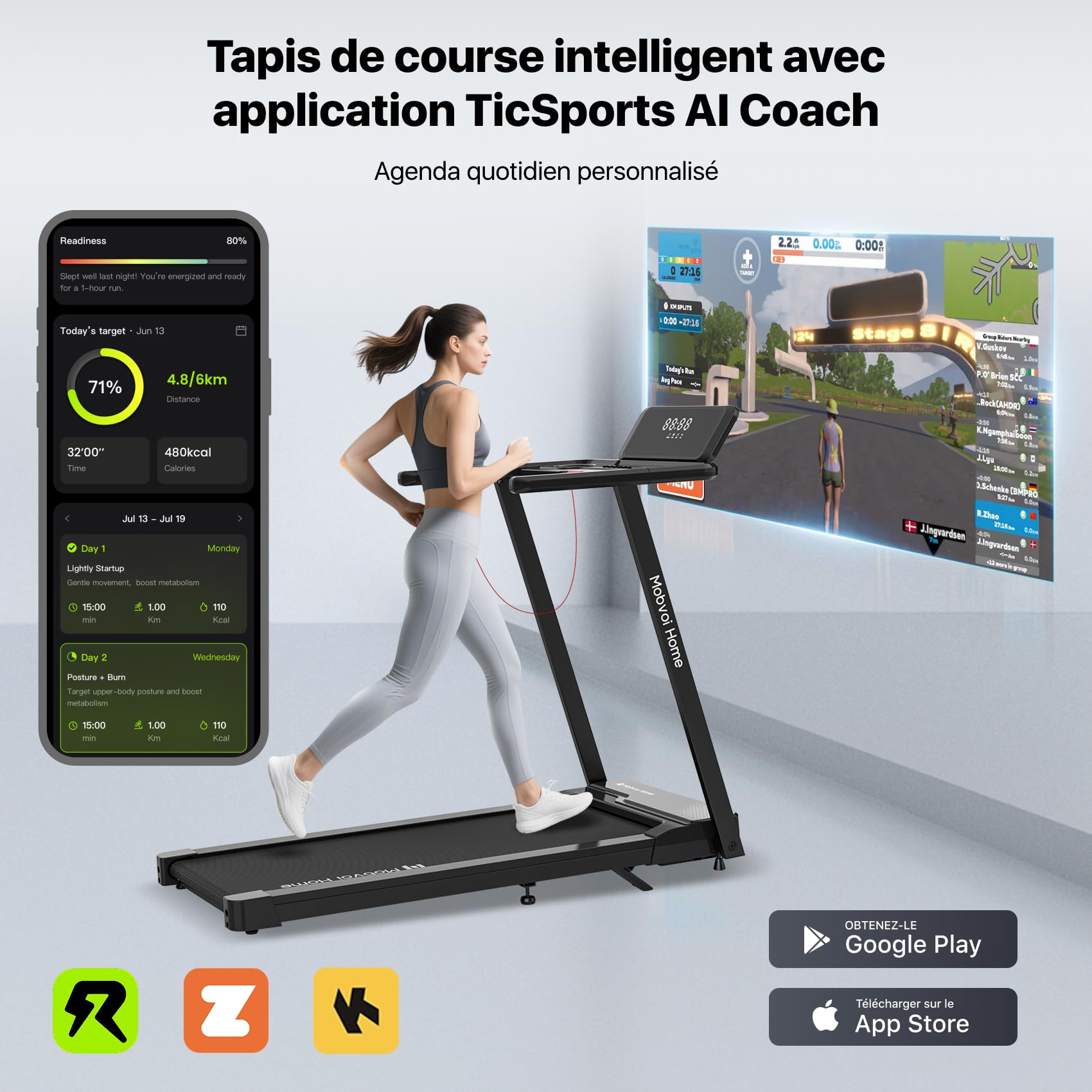 Mobvoi Tapis de Course Ultra 3 en 1 avec Inclinaison de 6% pour la Maison, Le Bureau, 2,5 CV, Support pour Tasse, téléphone, Ordinateur Portable, Grande Surface de Course km/h, 120 kg