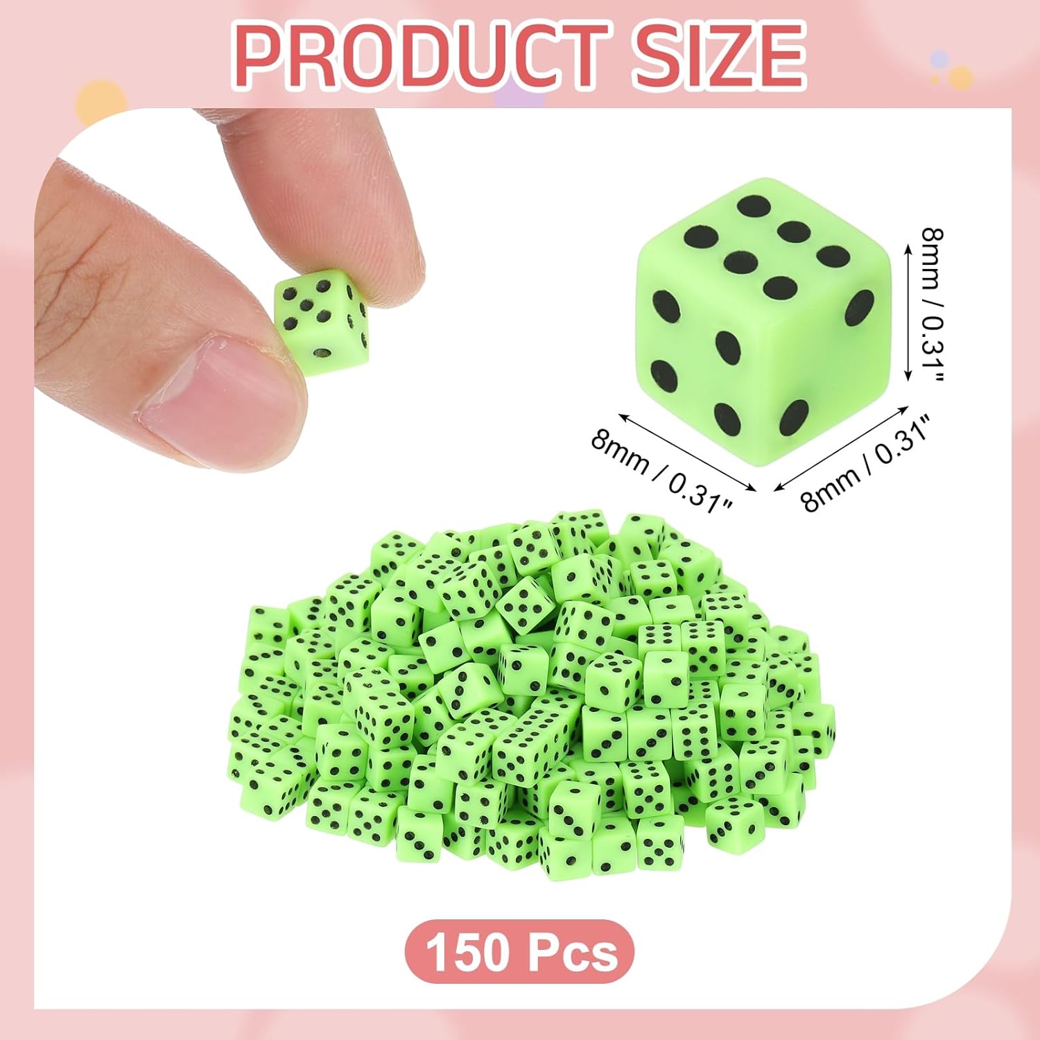 uxcell 150Pcs Mini Dice, 8mm/0.31" Acrylic Tiny Six Side Game Dot Square Dice Bulk for Table Board Game Party Activities, Green/Black