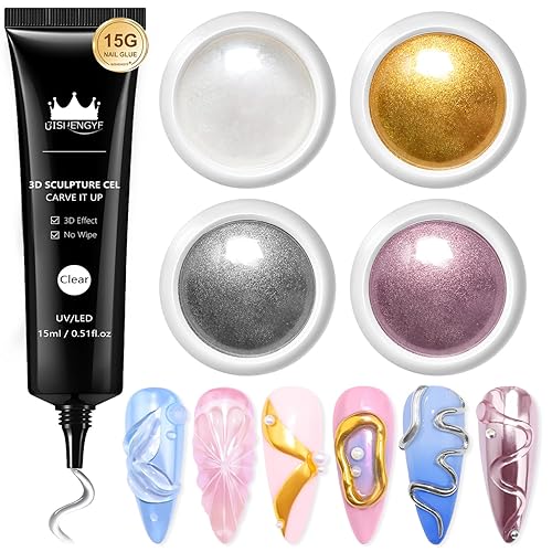 Kit de polvo de uñas cromado y gel de uñas 3D BISHENGYF: 0.53 oz No Wipe 3D Sculpting Gel Aurora White Pearl Silver Gold Chrome Nail Powder con