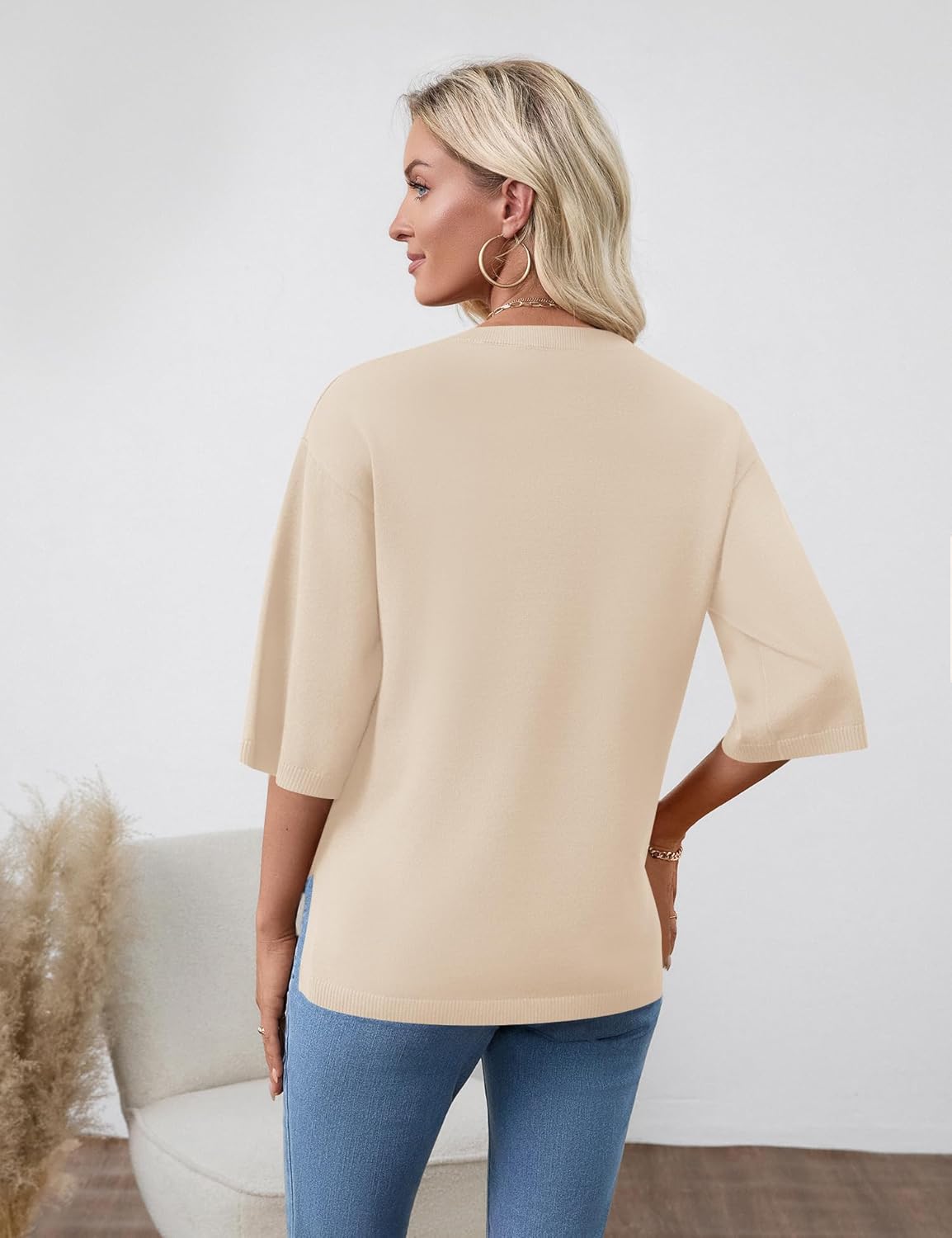 Lomon Womens Sweaters Dressy Casual 3/4 Length Sleeve Sweater Crewneck Lightweight Knit Tops Loose fit - Image 6