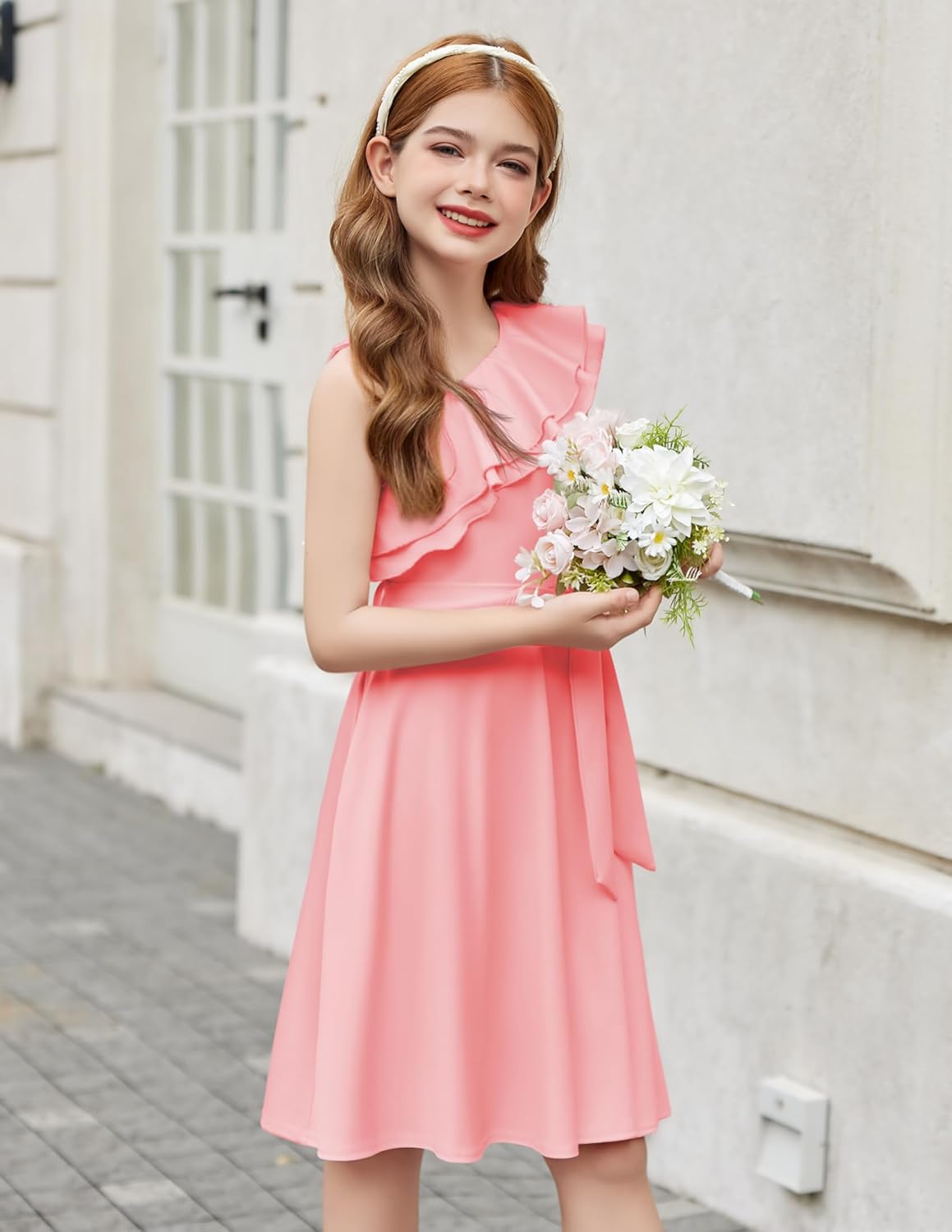 Arshiner Girls Dress One Shoulder Formal Ruffle Trim Birthday Party Dresses with Belted Pockets for 5-12 Years - Image 4