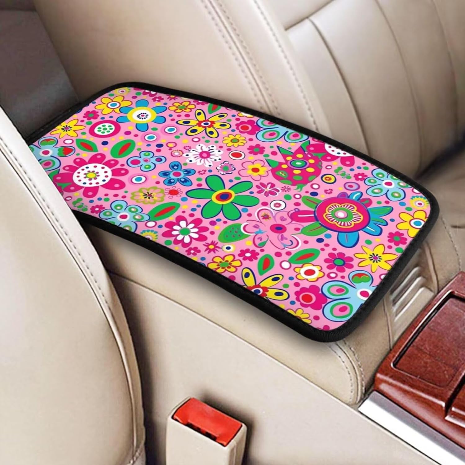 Floral Car Center Console Cover Hippie Cute Daisy Pink Armrest Pad Cushion Universal Car Arm Rest Box Pads Auto Interior Accessories Protector for Most Vehicle SUV Truck Van Sedans