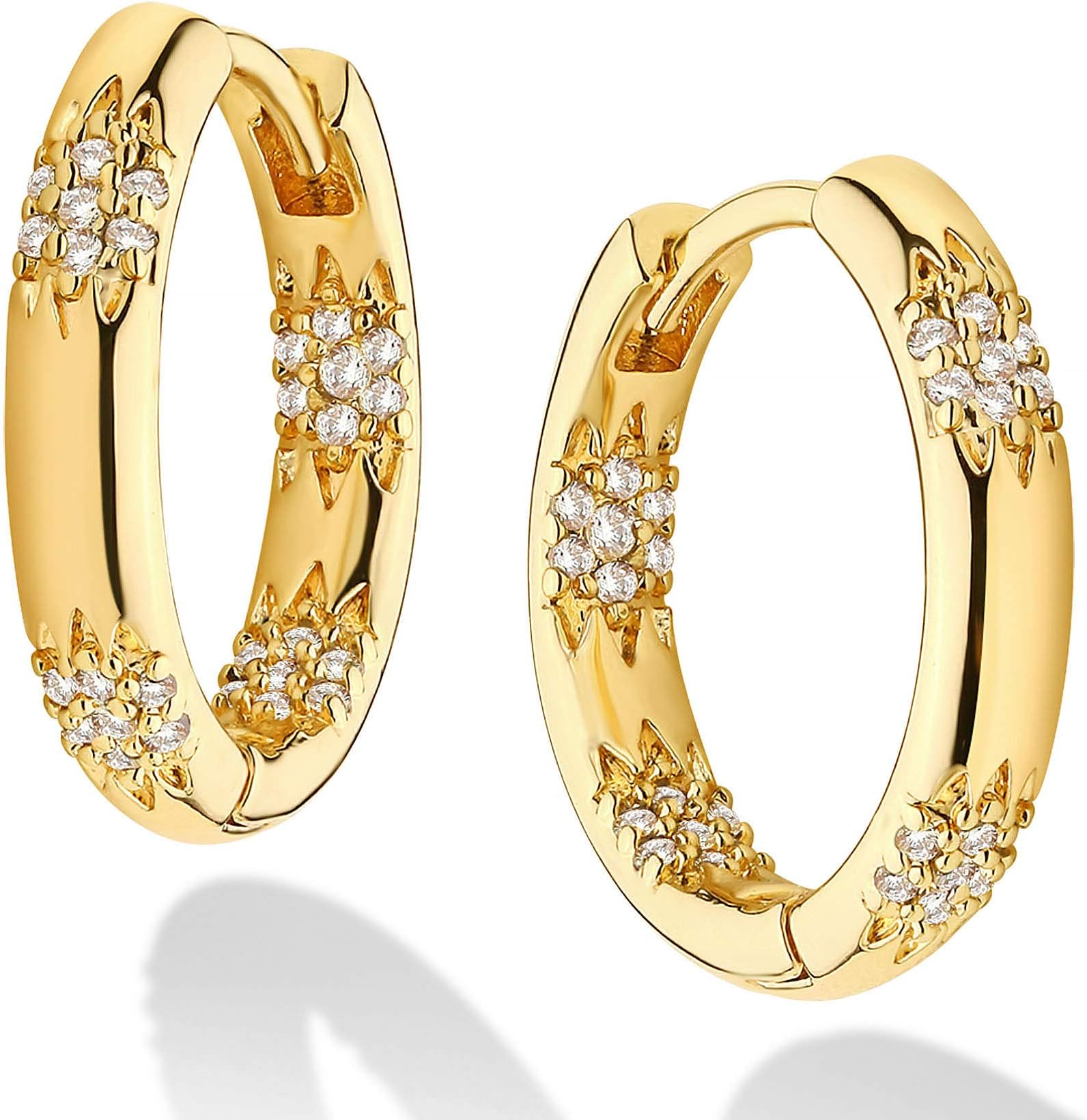Dainty CZ Huggie Hoop Earrings 14K Gold Plated Chunky Simple Cute Thick Round Frill Bead Ball Starburst Cuff Earrings Cubic Zirconia Hoop Earrings Minimalist Personalized Gift for Her