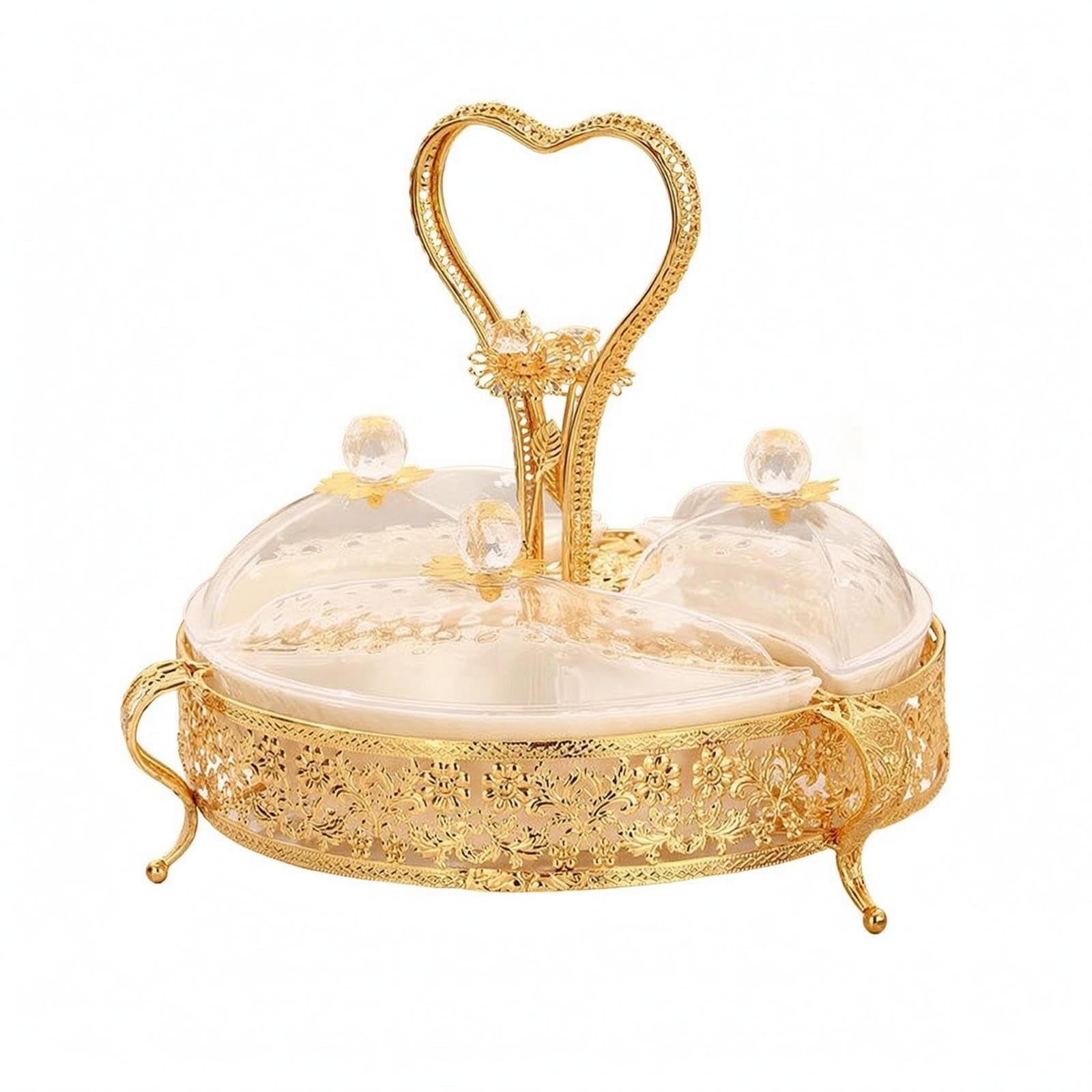Lidded Fruit Tray Crystal-Like Knobs Floral Metal Fruit Tray Gold-Toned Divided Platter Heart-Shaped B-image-9