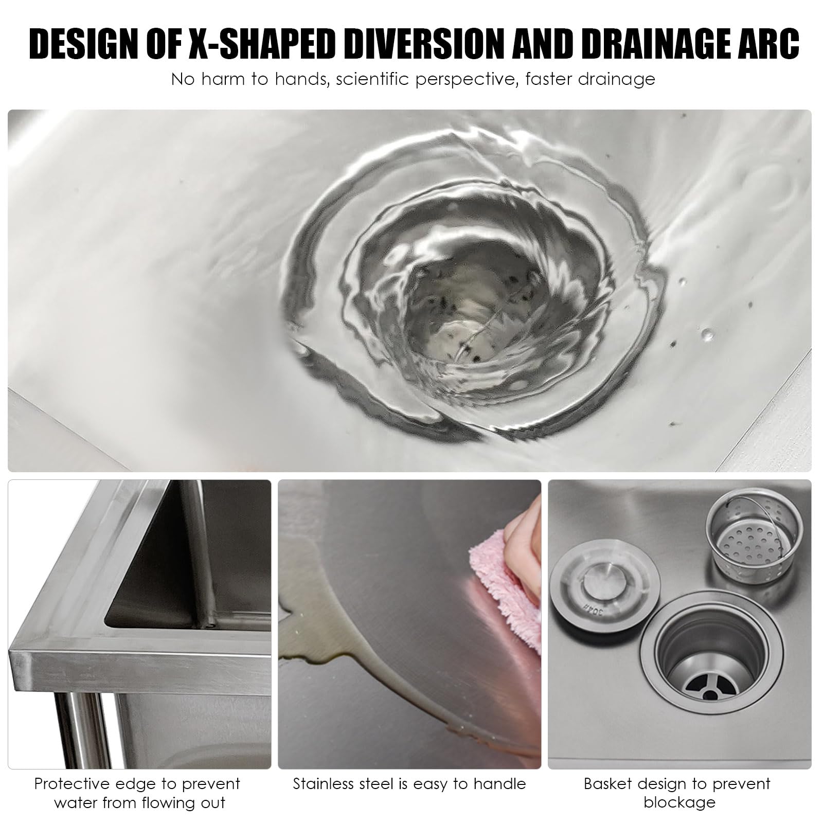 Freistehendes Küchenspülbecken mit einem Becken, Wasseranschluss, Edelstahlspüle, Vorbereitungs- und Handwaschbecken mit Arbeitsfläche und Zwei Ablageflächen