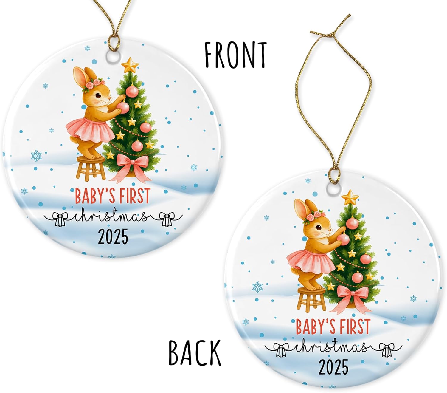 Baby's First Christmas 2025 Ornament - Ceramic Keepsake Holiday Tree Decoration with Cute Bunny - New Baby Girl Ornament Printed on Both Sides - Image 3