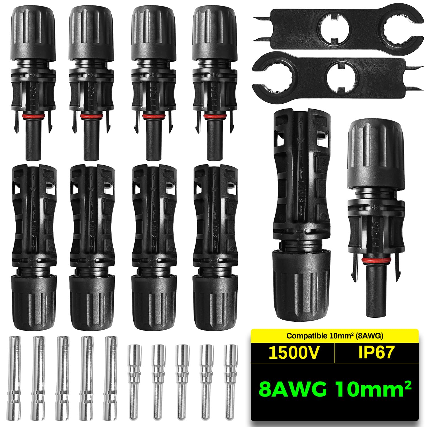 5 Paare 10mm² Solarstecke 8 AWG IP68 1500V 60A Photovoltaikanschlüsse Mit 1 Paar Solartool, 10 mm männliche und weibliche Anschlüsse für PV-DIY-Kabel