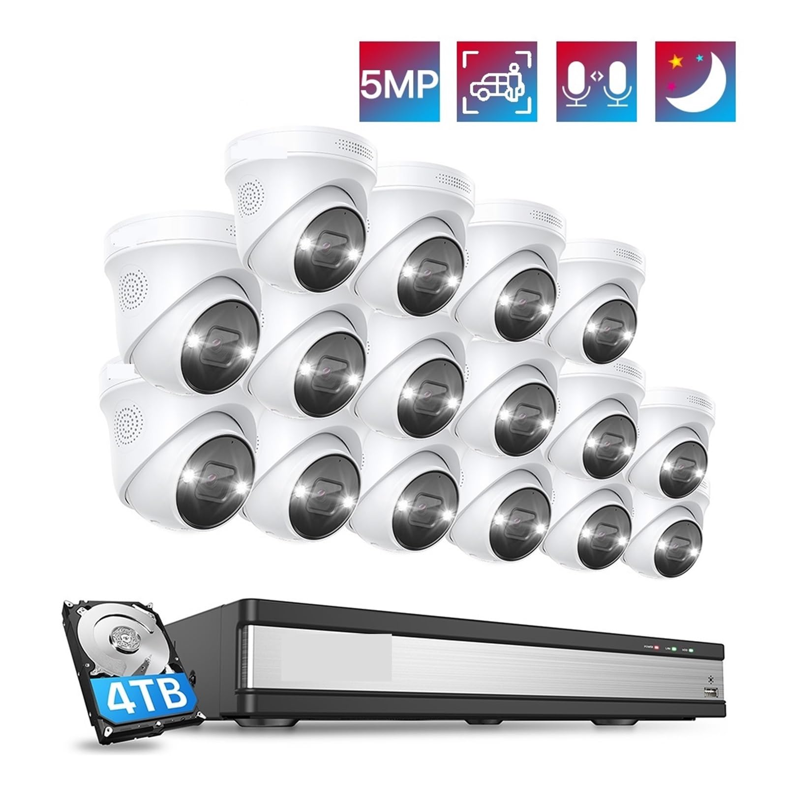 De Cámaras Seguridad PoE 16 Canales Y 5 MP con Detección Personas Vehículos, Grabador NVR CCTV 4K 8, Kit IP Vigilancia(16CH 12pcs 5MP Cams)