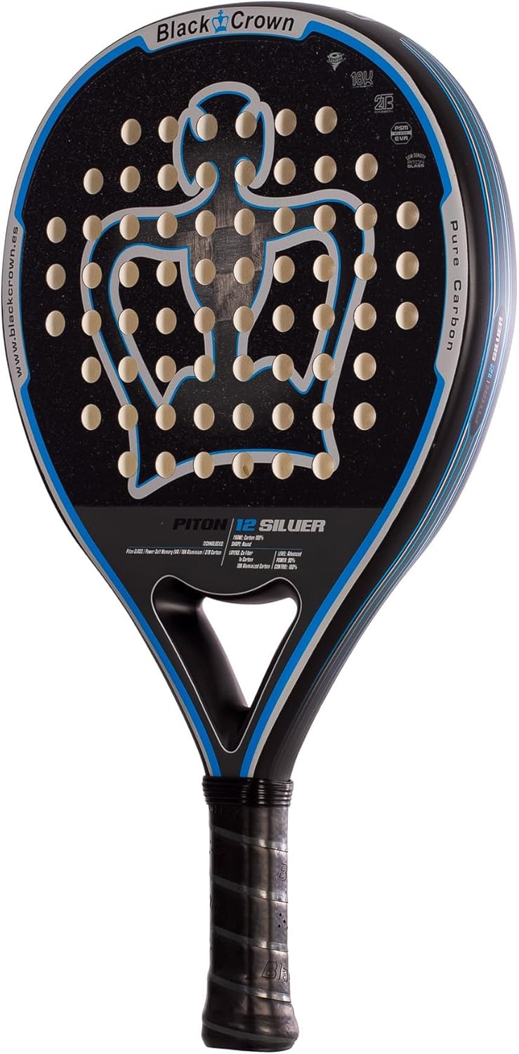 Black Crown - Paddle Racket Piton 12 Silver - Round Shape - Control and Power - Weight 355 to 370 g - Frame 38 mm with Double Tubular Carbon Fiber 80% - Resistant - Professional Level