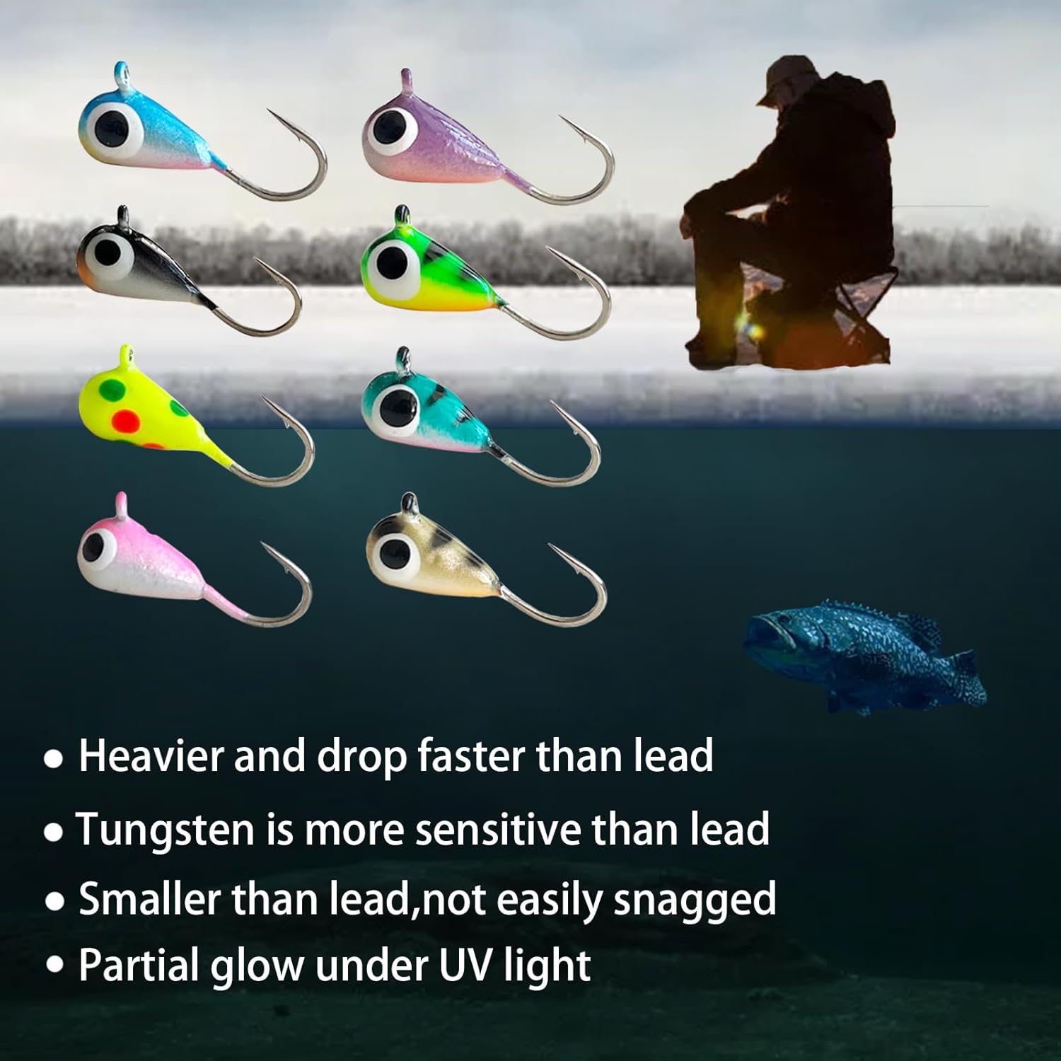 Tungsten Ice Fishing Jigs 24pcs Ice Fishing Lures UV Glow in Dark Ice Fishing Jig Set for Crappie Panfish Walleye