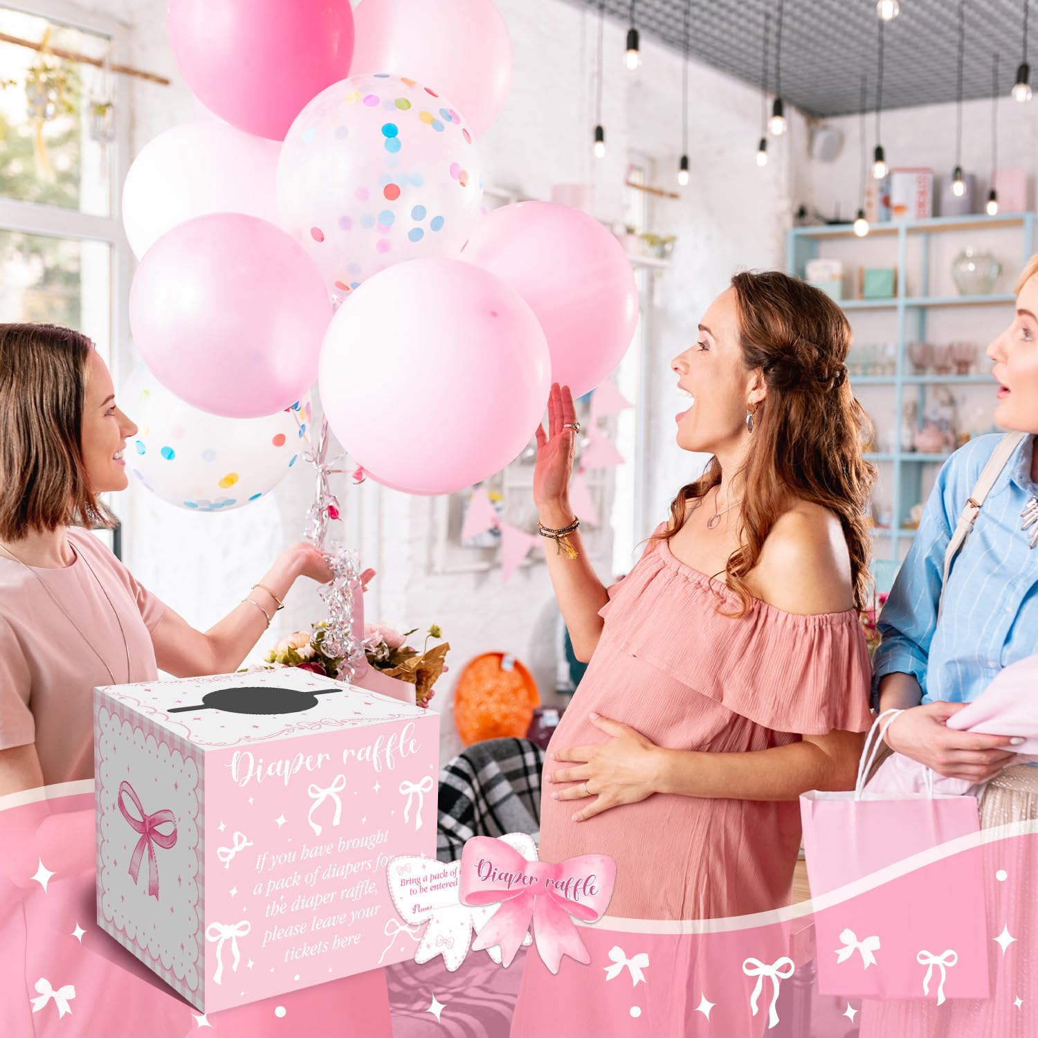 Decoraciones de baby shower con lazo rosa, caja de rifa de pañales para baby shower con 50 tarjetas de fiesta para niños, juego para niñas, decoración de baby shower, boletos de rifa de baby shower