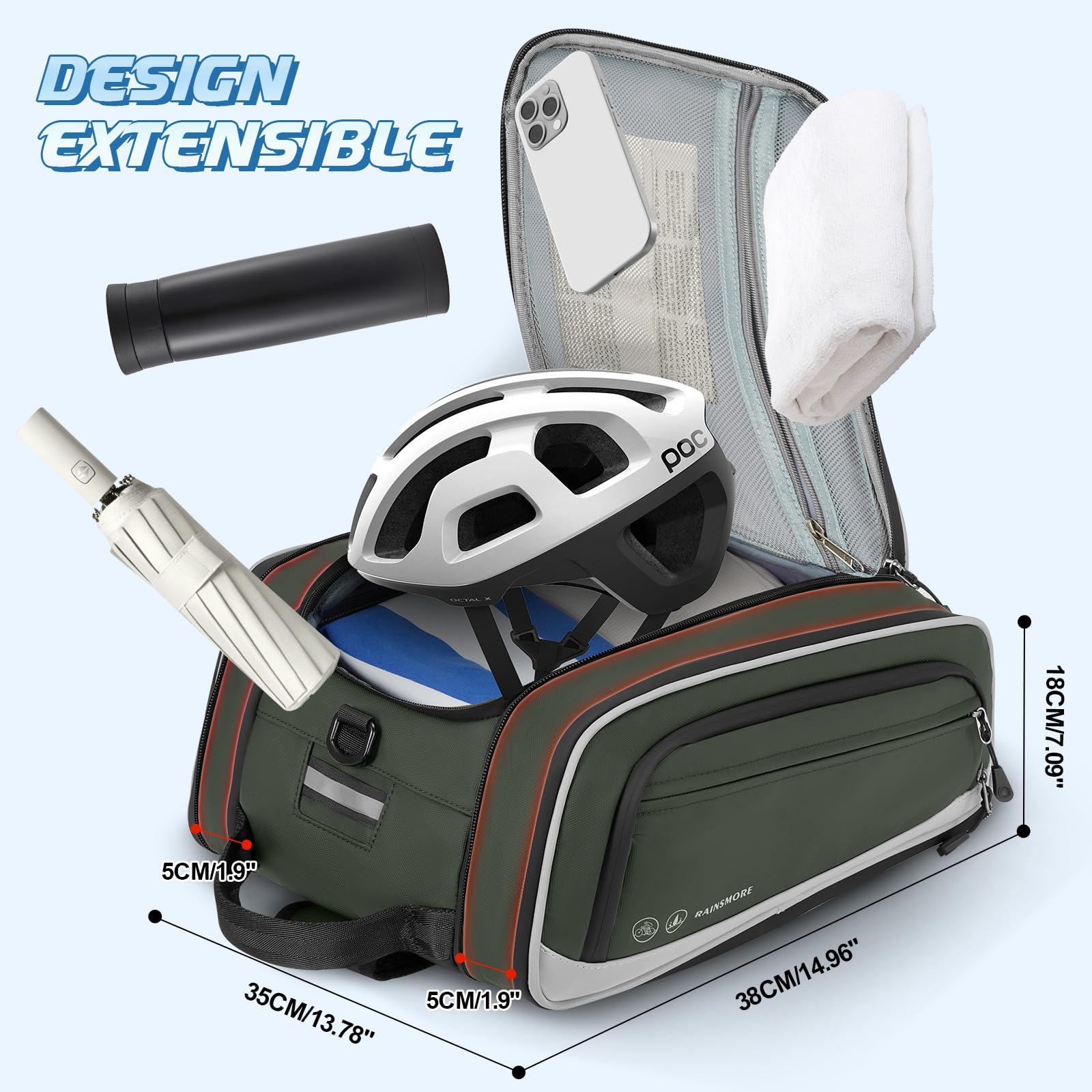RAINSMORE Sacoche Velo Porte Bagage Arriere 15L-23L Extensible, Sacoche Arrière Vélo Étanche avec Housse de Pluie et Bandes Réfléchissantes, Idéal pour VAE, VTT, Vélotaf et Voyage Vert