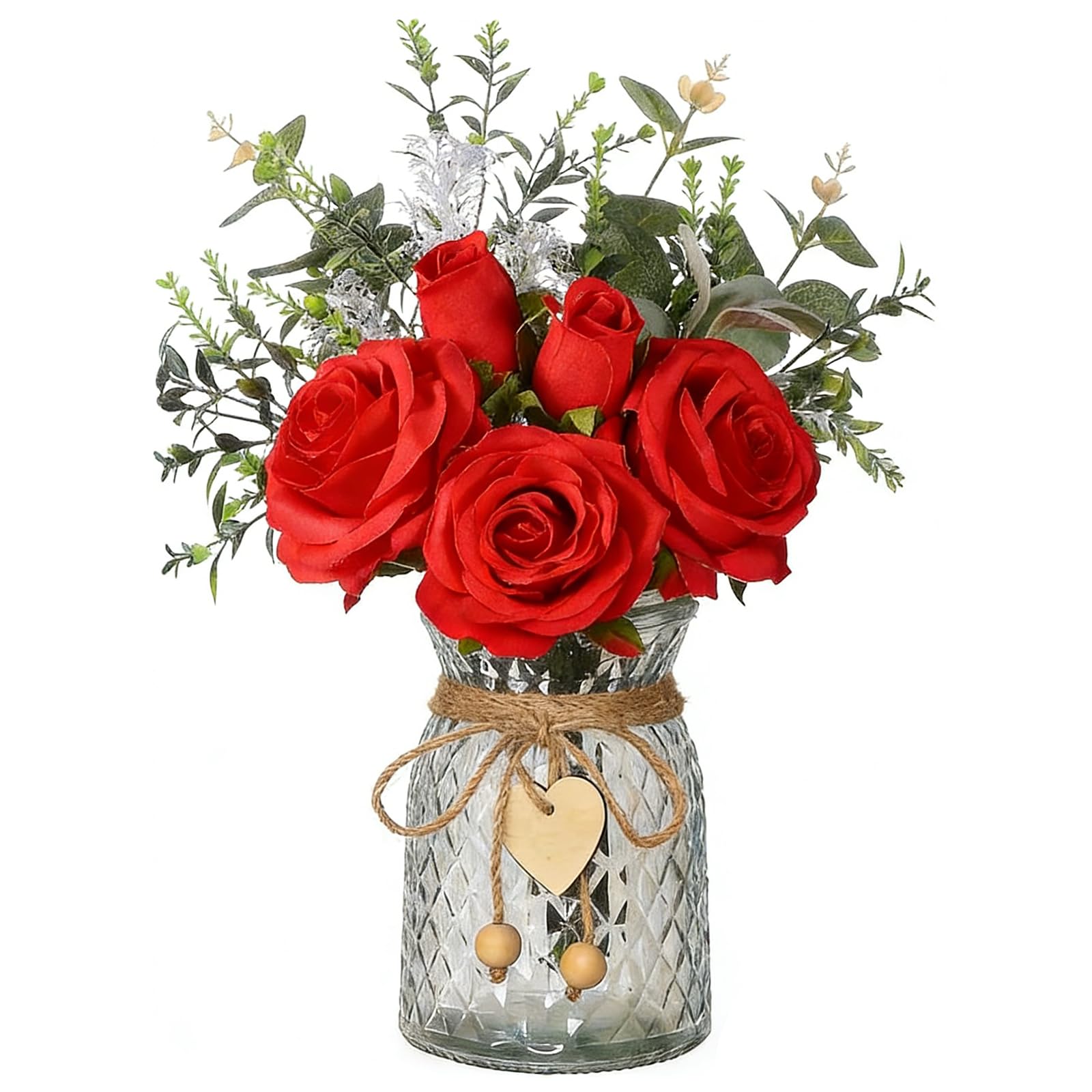 Floralsecret Faux Flowers with Vase Artificial Red Rose Flowers in Vase Fake Eucalyptus Plant Floral Arrangement for Table Centerpieces, Baby Shower, Home Kitchen Office Coffee Shop Decorations(Red)