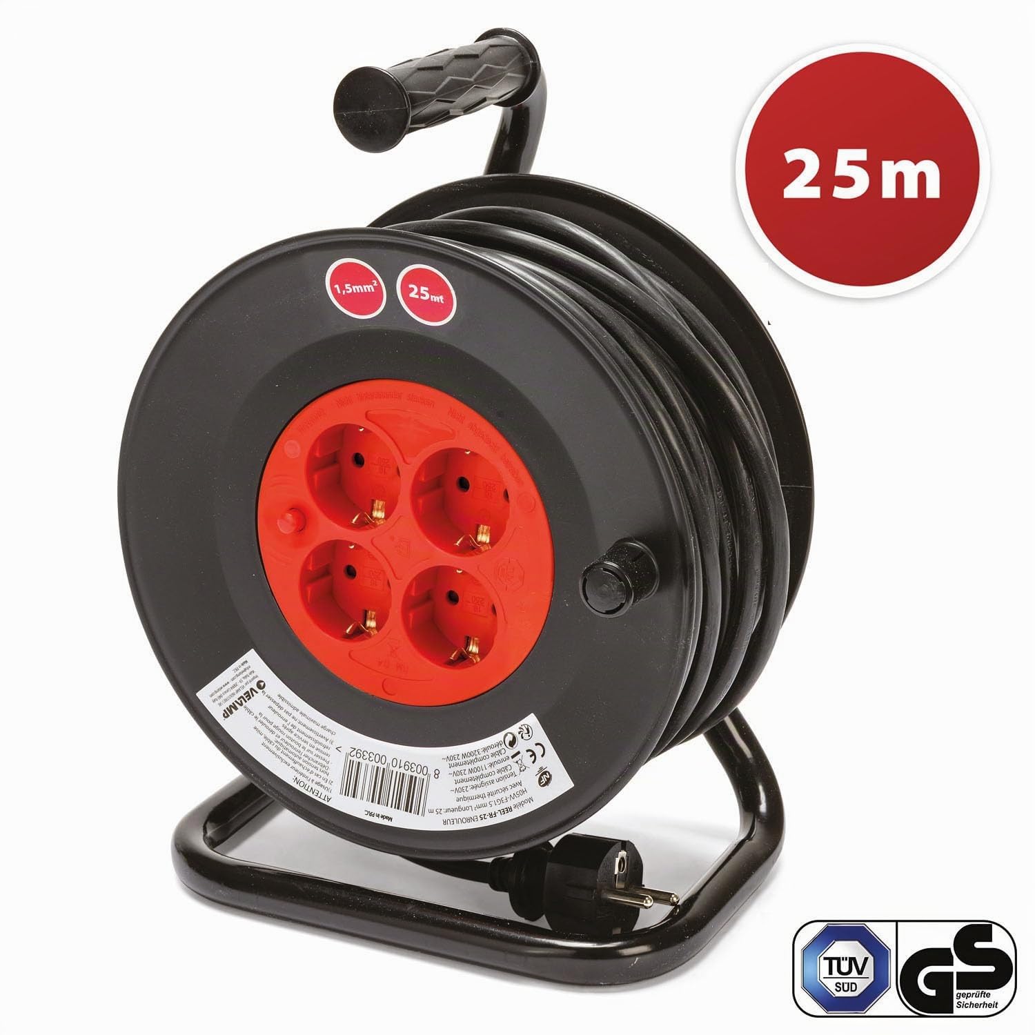 Enrouleur de câble DIY 4 prises standard Schuko, câble H05VV-F3G1.5MM2, 25M, CE