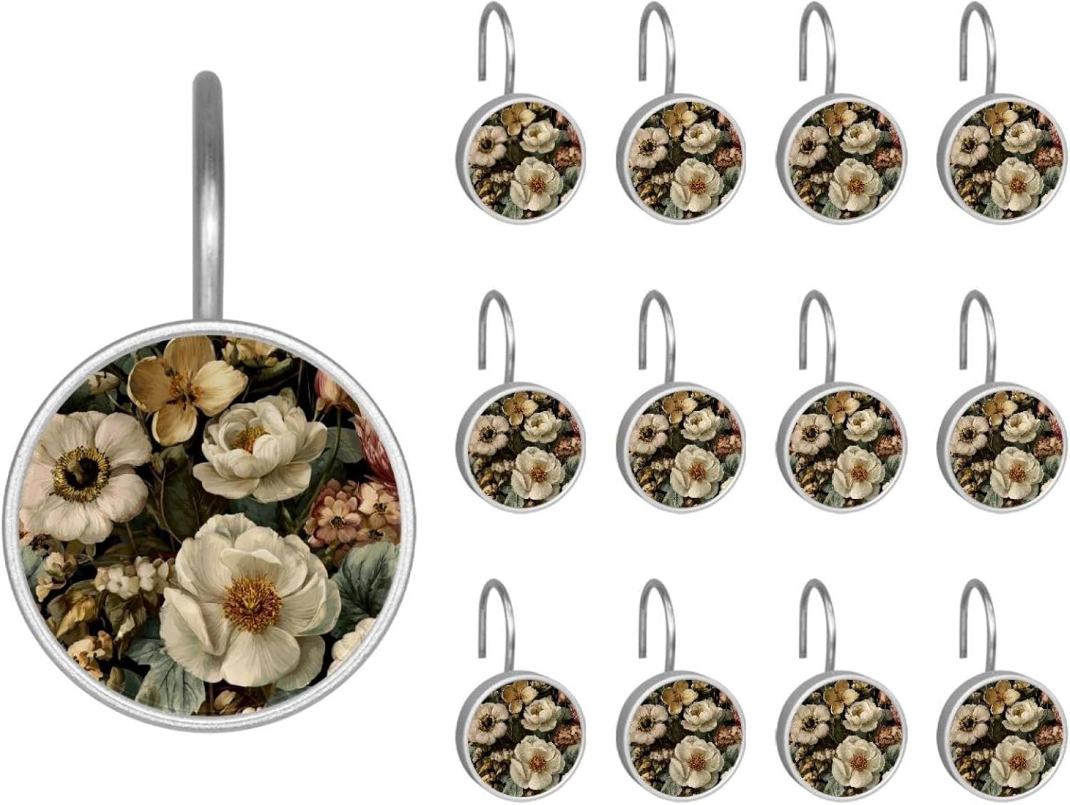 12 Pcs Round Shower Curtain Hooks Stainless Steel Decorative Hanger Rings for Bathroom Kitchen Bedroom Curtain Rods, Florals (2)
