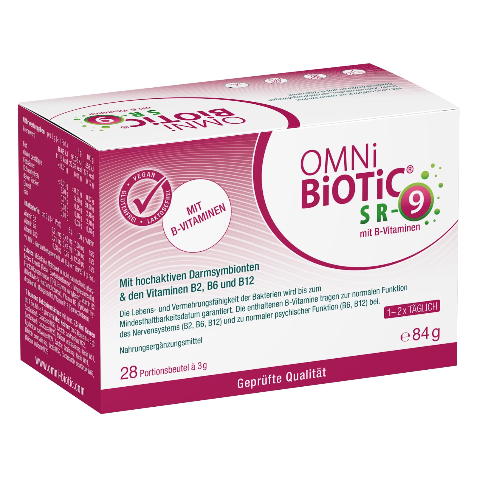 OMNi BiOTiC SR-9 mit B-Vitaminen | 28 Portionen (84g) | 9 Bakterienstämme | 15 Mrd. Keime pro Tagesdosis | Pulver| Vegan | Glutenfrei | Lactosefrei | Zur täglichen Anwendung