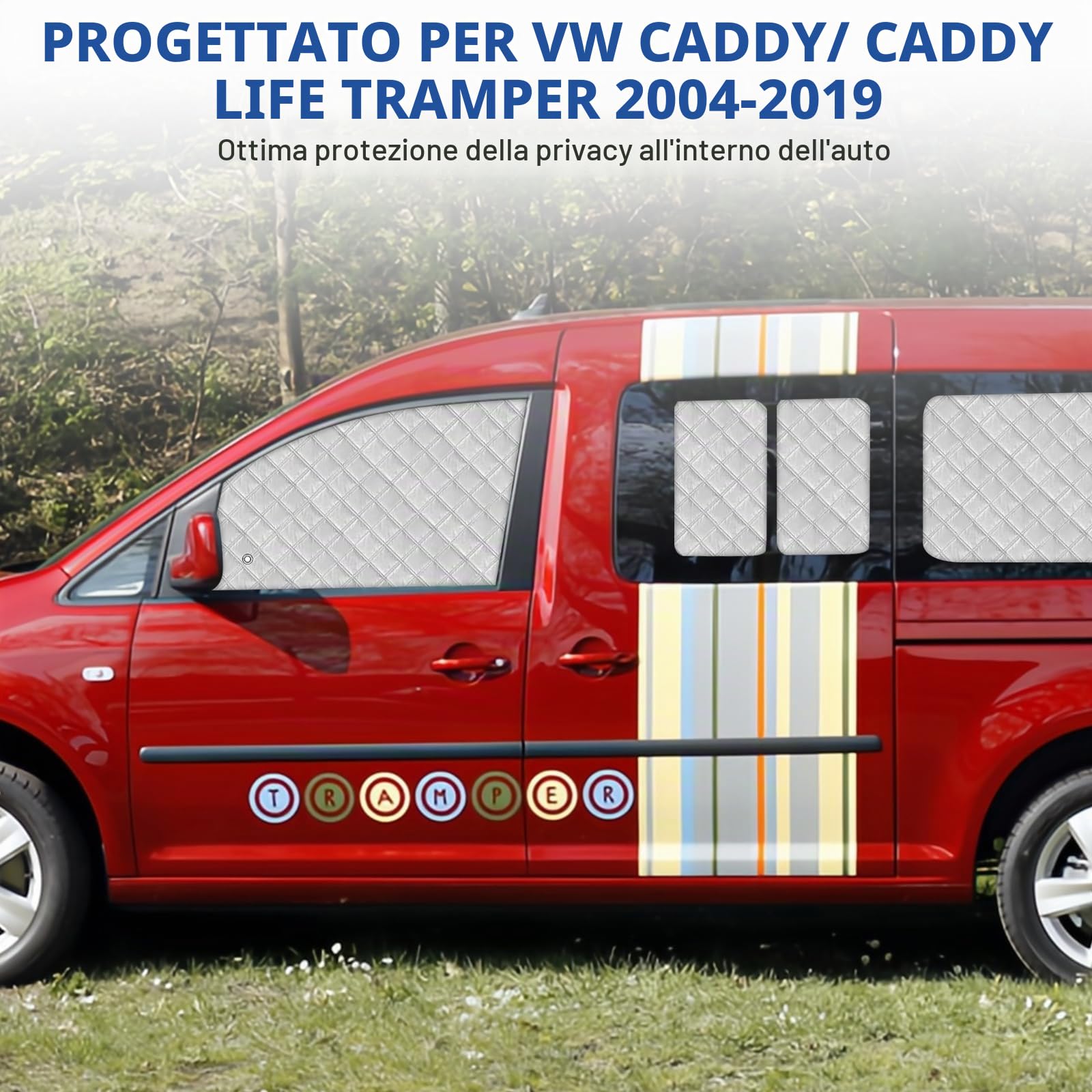 Roadtime Parasole per parabrezza auto adatto per Caddy Life Tramper 04-19,8pcs tappetini termici per cabina,Tenda parasole anteriore, parabrezza interno Occultazione, protezione UV, pieghevole | Roadtime Parasole interno per parabrezza, set di tende termi