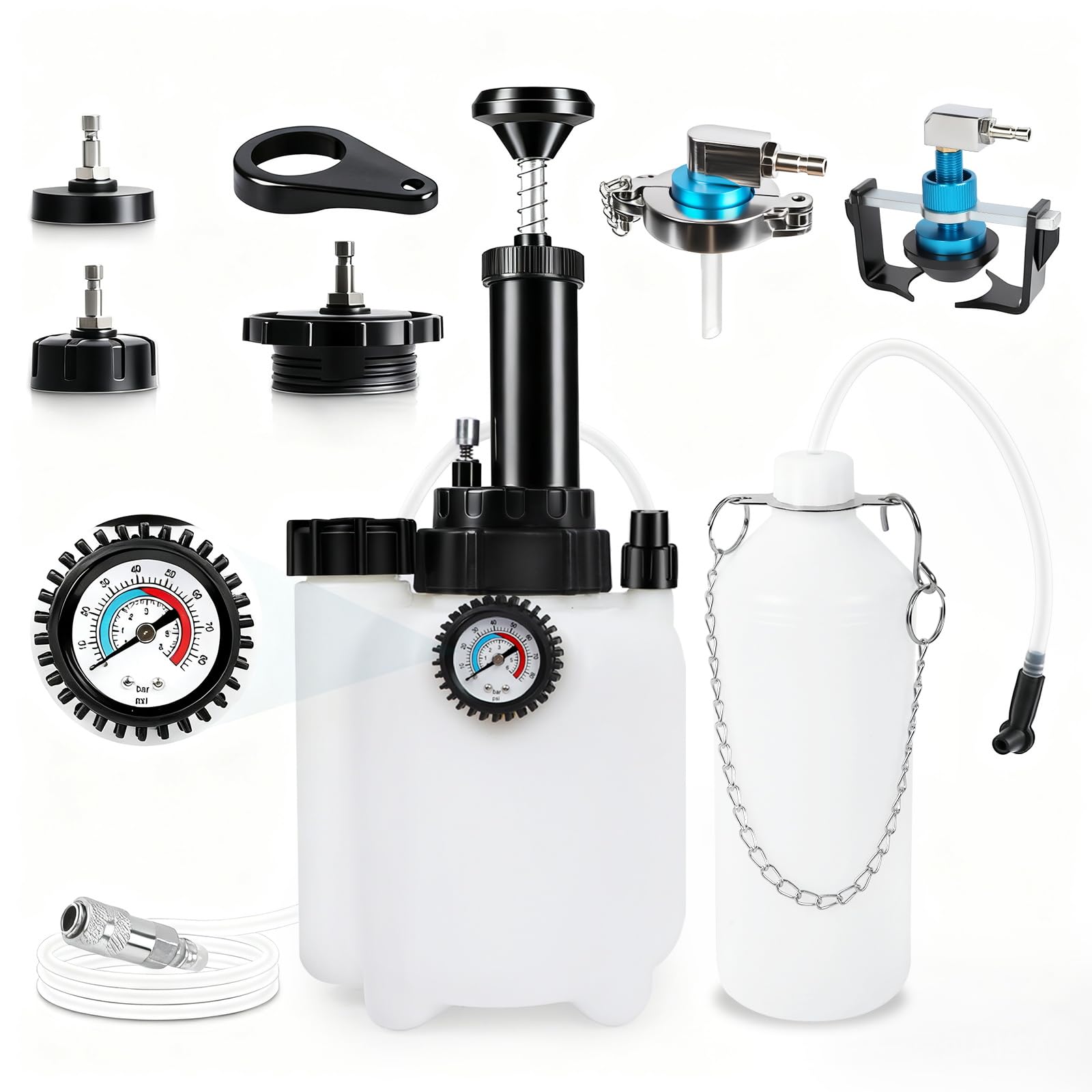 3L Dispositivo para Cambiar el líquido de Frenos Kit de purgado de Frenos para automóviles con depósito de aspiración de 1 litro, 4 adaptadores y Adaptador Universal para purgado de Frenos