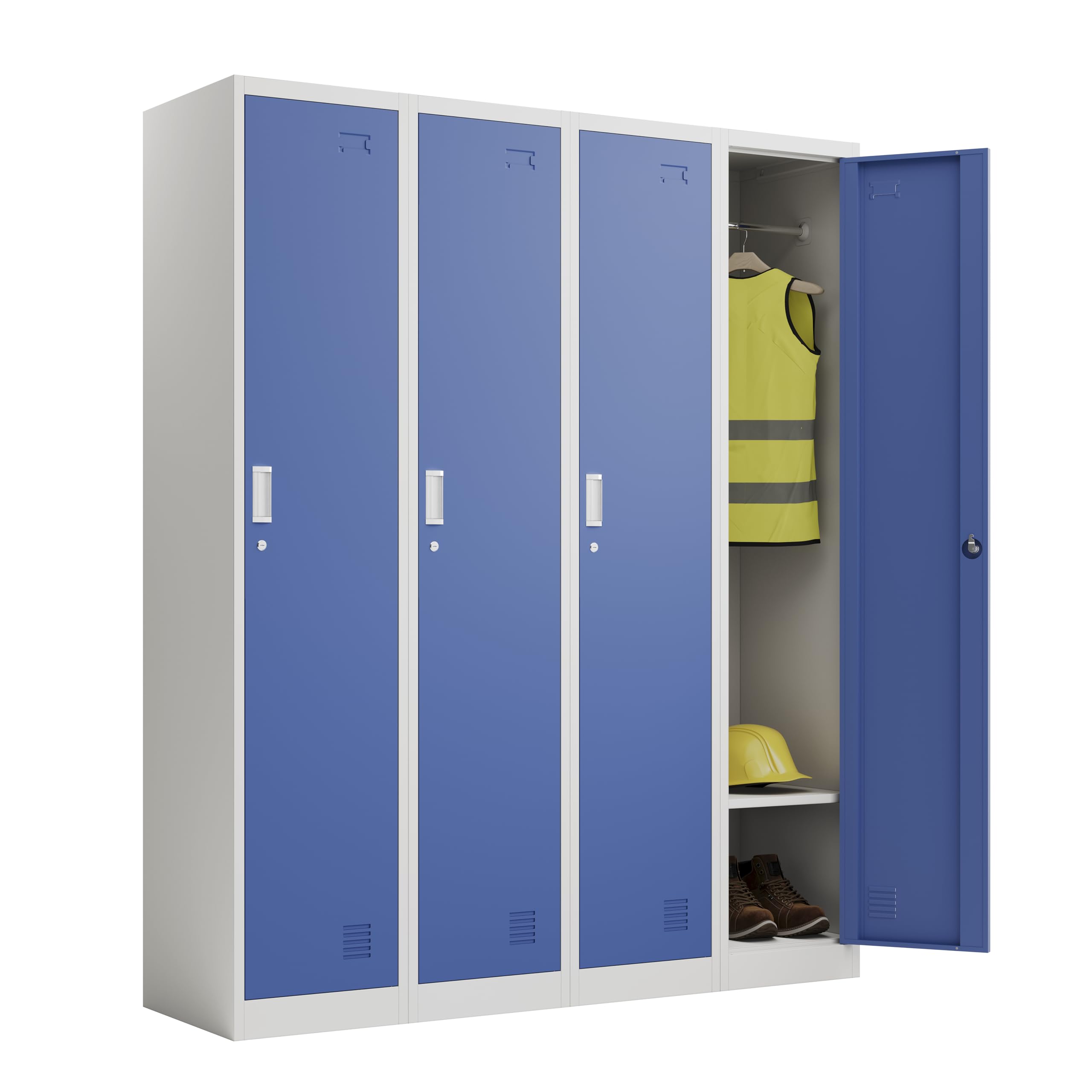 4 x Single Door Metal Storage Lockers, Blue & Grey Steel Lockable Unit, Staff Gym School Changing 1850mm H x 380mm W x 450mm D