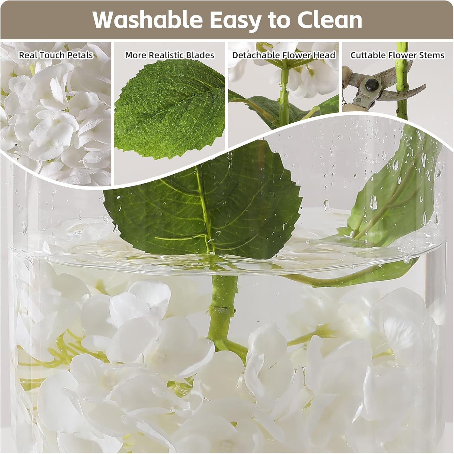 Nubry 3Pcs White Hydrangea Artificial Flowers, 22.5In Latex Faux Real Touch Large Hydrangea Flowers with Long Stems & Leaves for Home Office Decor Wedding Party Arrangements(White) - Image 5