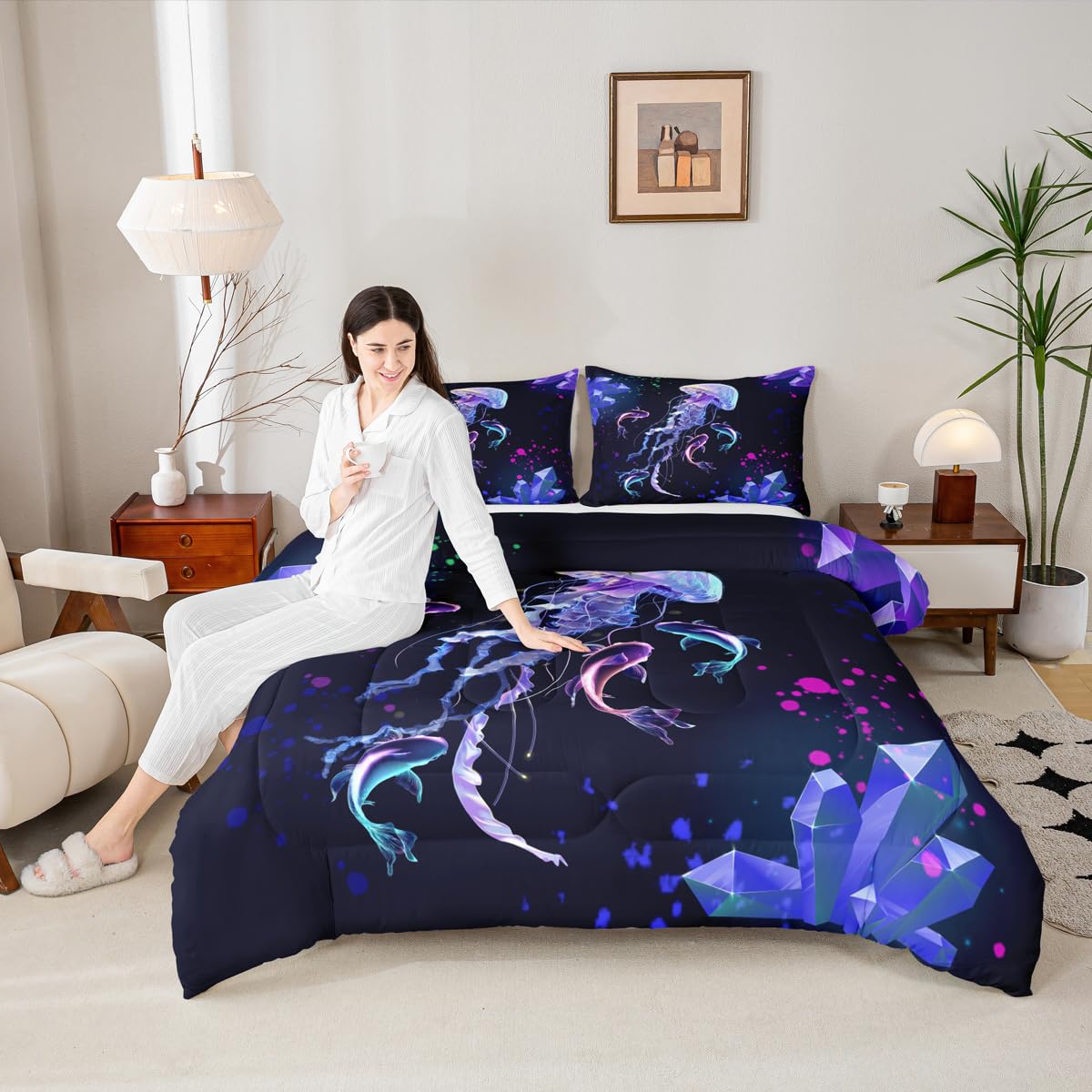 Castle Fairy Underwater Ocean Fish Animals 3 Pcs Queen Size Comforter Set,Watercolor Oil Painted Print Down Alternative Adults Room Decor,Jellyfish