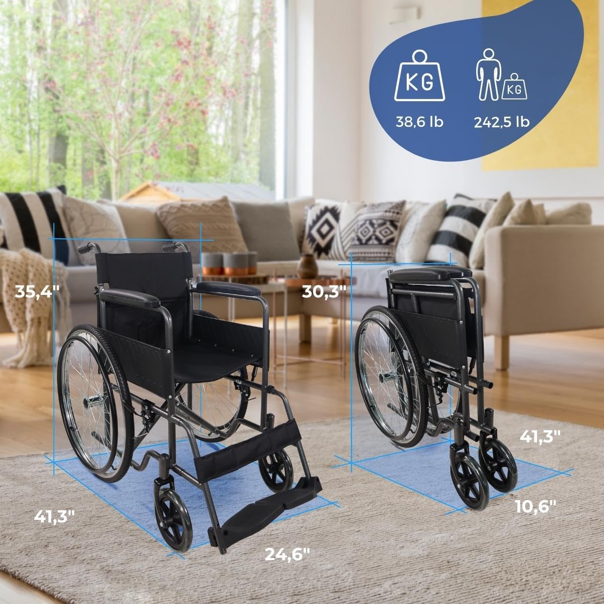 Mobiclinic, Wózek inwalidzki składany, Denver, Siedzisko 46 cm, Hamulec ręczny, Zdejmowane oparcie, Składany podnóżek, Odporny, Dla niepełnosprawnych, Szary