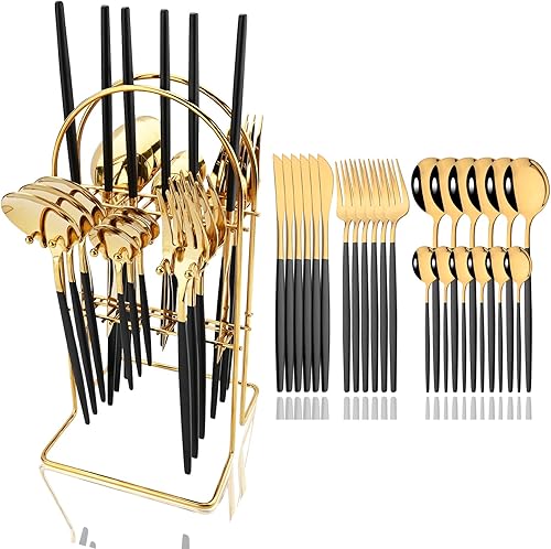 JASHII Juego de cubiertos de 24 piezas con tenedores y cucharas con soporte, juego de cubiertos de metal de titanio negro y chapado en oro, acero