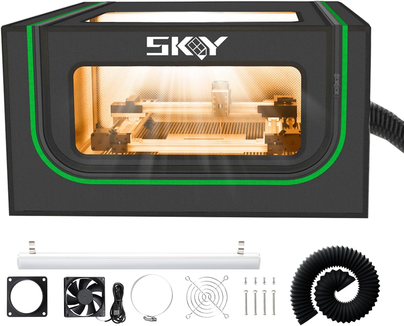 Laser Engraver Integrated Enclosure with LED Light, Fireproof and Dustproof Protective Cover 28.3 * 28.3 * 15.7, Exhaust Fan 4000RPM and Pipe, Against Smoke Odor and Noise Eye Protection-Black