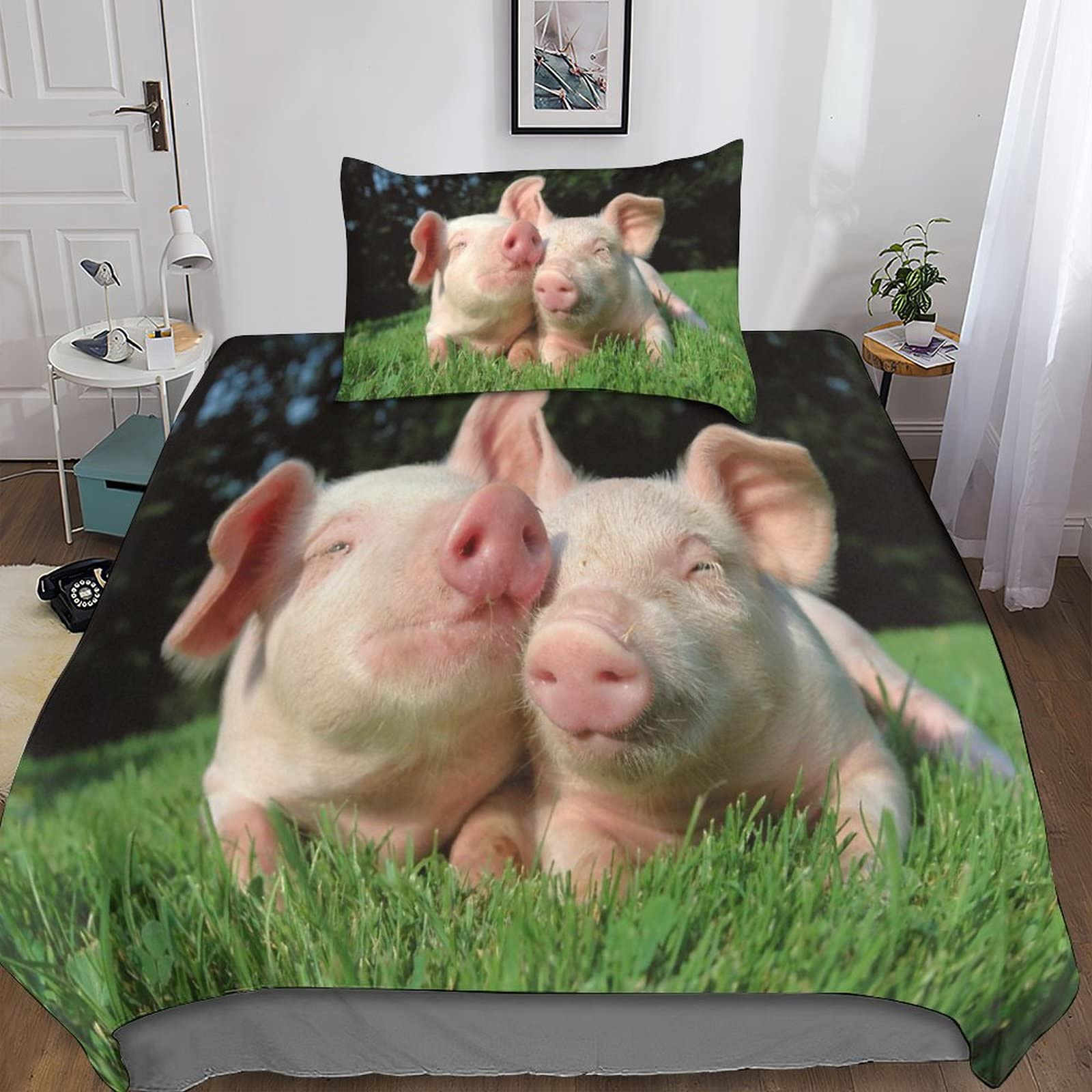 Housse de couette 3D Pig anti-plis en microfibre avec fermeture éclair pour lit simple 135x200