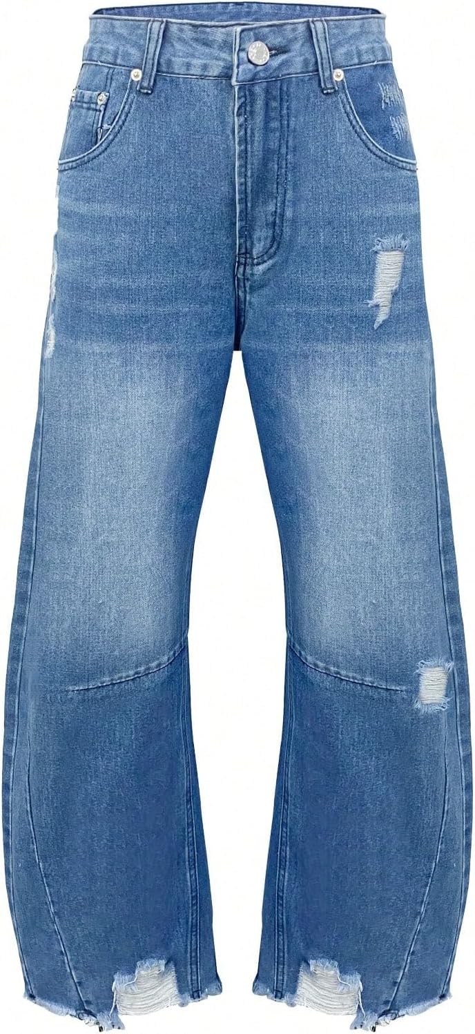 Women's Washed Jeans Bucket-Cut Mid Waist Jean Casual Boyfriend-Style Ankle Length Ladies Pants Spring&Summer