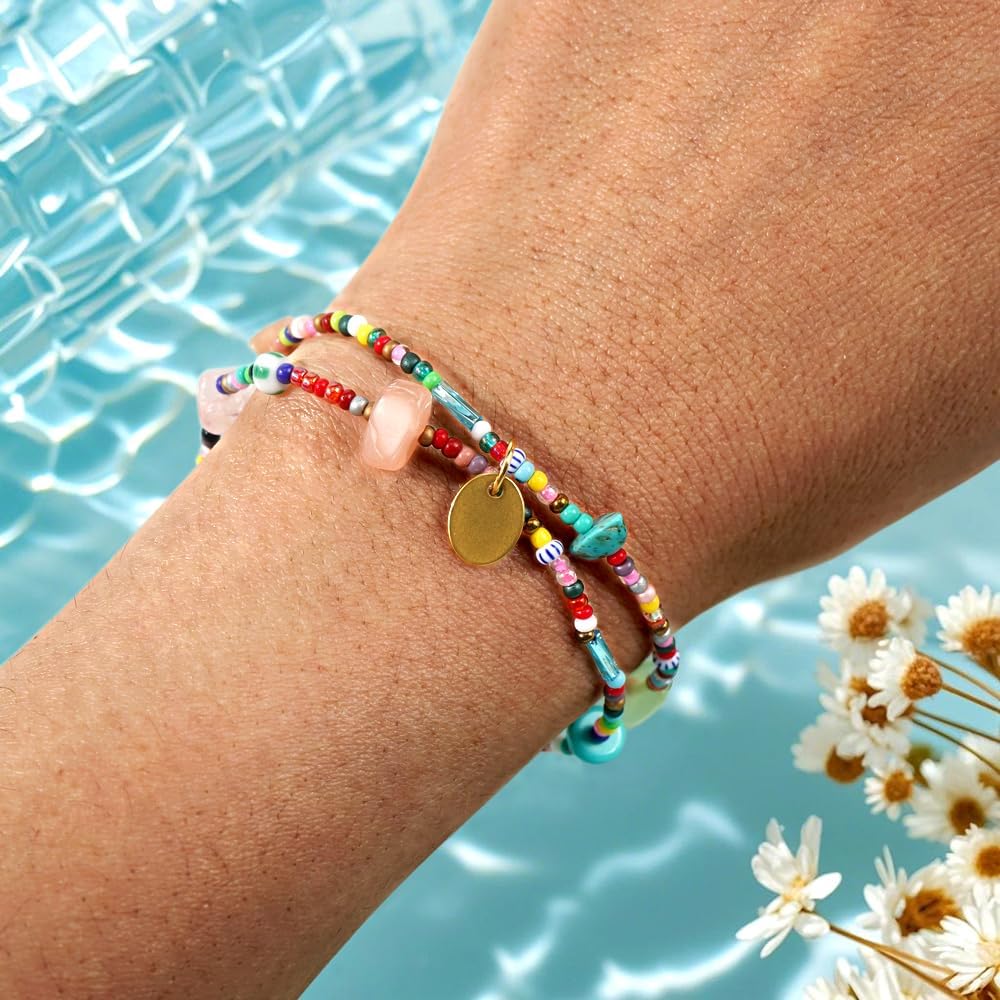 2PCS/Set Cute Natural Crystal Beaded Stackable Bracelet for Women, Handmade Bohemian Colorful Energy Stones Bracelets Stack Fashion Summer Beach Jewelry Gift Friendship - Image 2