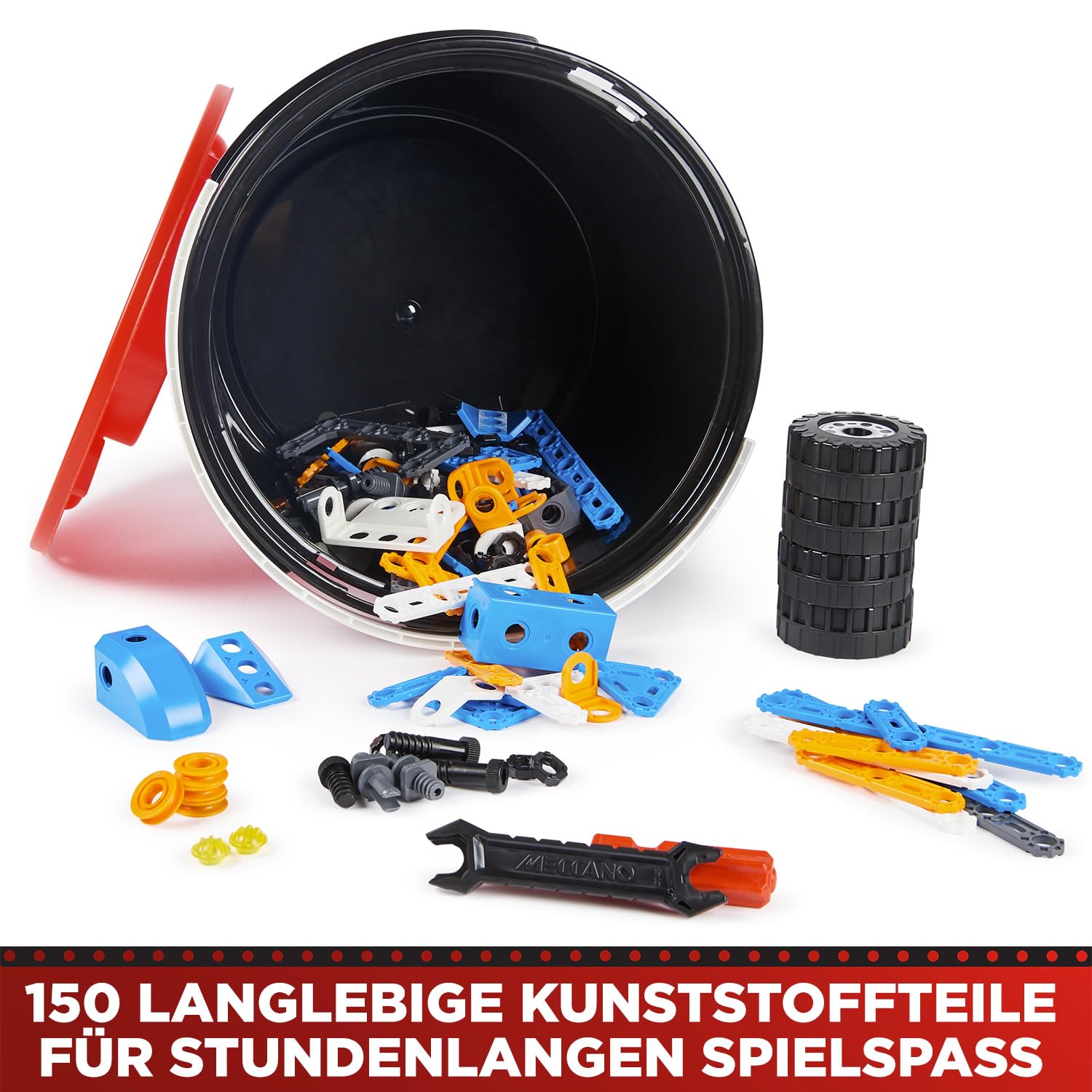 BANDAI - Meccano Junior Fass 150 Teile - Konstruktionsset 5 Modelle, 2 Werkzeuge, Anleitung, Aufbewahrungseimer - Aktivitäts-Kit Zusammenbau Spielzeuge & Fahrzeuge - Spielzeug ab 5 Jahren - APM19103
