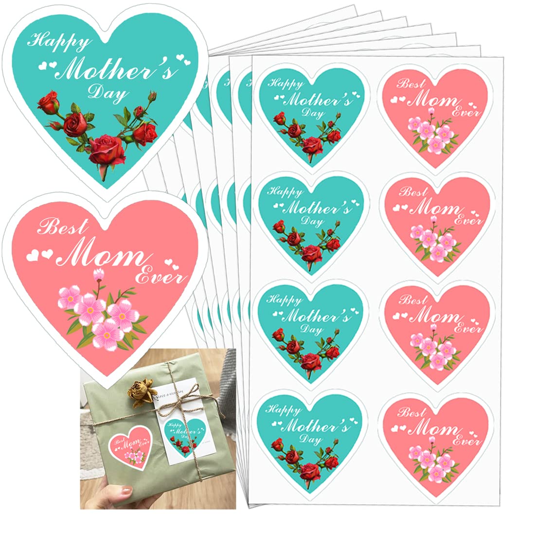 WorldBazaar Mother's Day Stickers - 588 Pcs Floral Heart Gift Labels