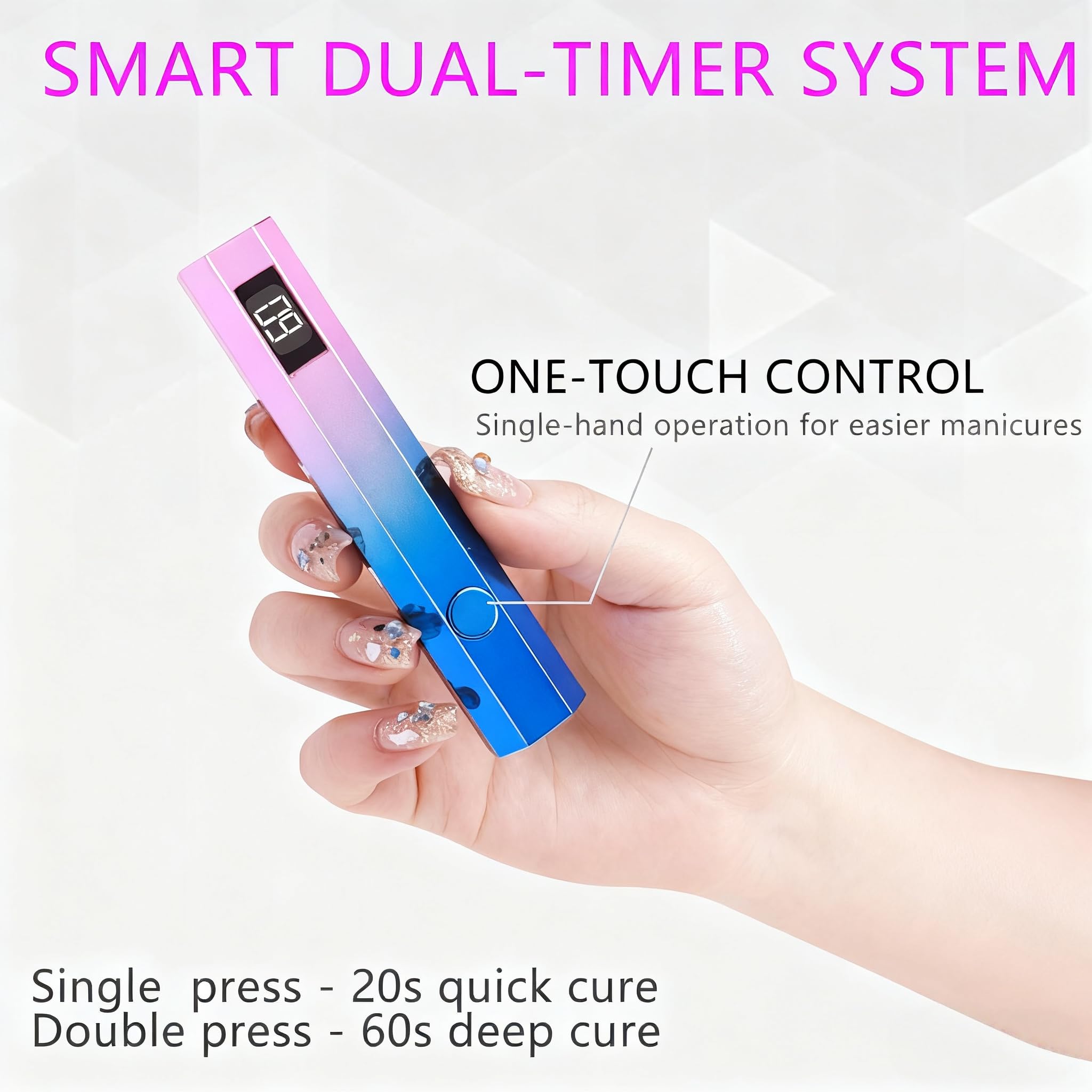 Kylara Luz UV de mano para uñas de gel, mini lámpara de uñas UV recargable con pantalla LED, secador de uñas portátil de gel X temporizador de 20 s/60 segundos, modo USB de cuidado de los ojos, secado