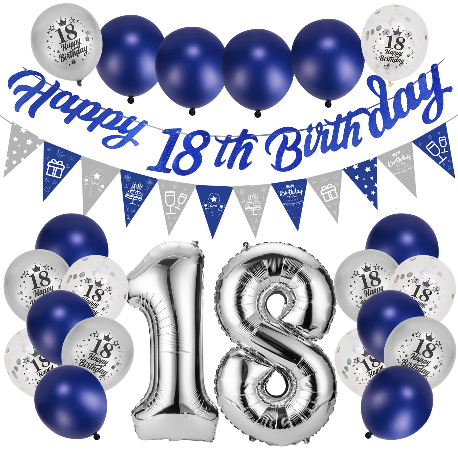Afirbeone18th Birthday Decorations - Navy Blue & Silver, Happy 18th Banner, Triangle Flag, Confetti & Aluminum Foil Balloons