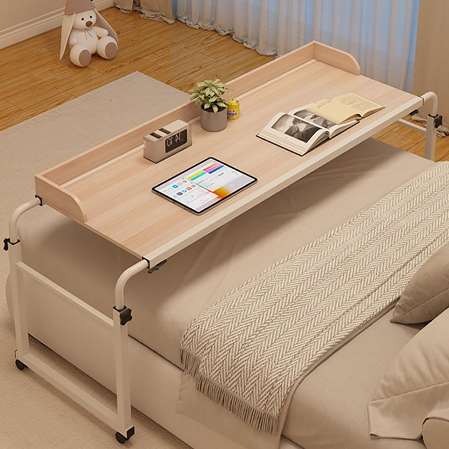 GXQFC Overbed Table Height Width Adjustable, Portable Convenient Reading Writing Desk with Wheels Laptop Cart Computer Desk for Working Dinning in Home or Hospital(Color:Wood)