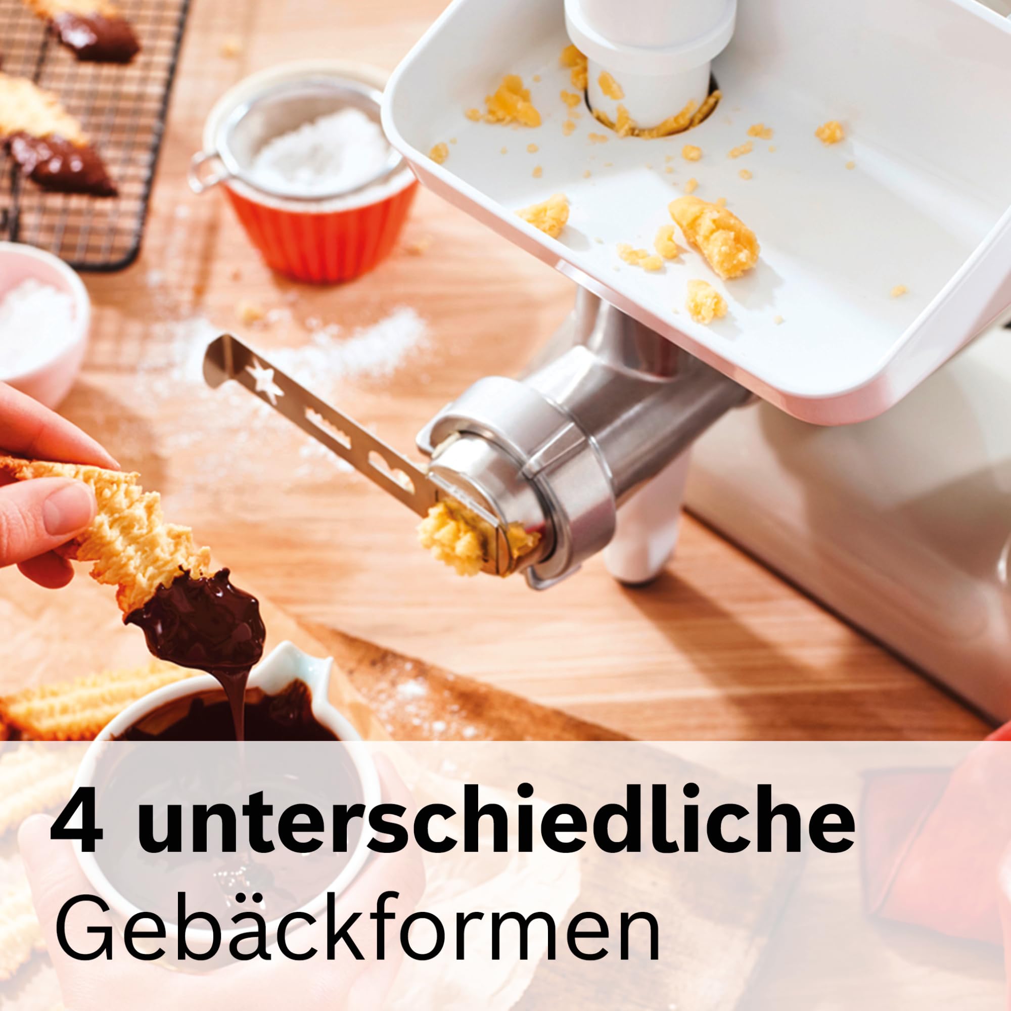 Bosch Zubehör-Set BakingSensation MUZ5BS1, Fleischwolf, Kunststoffschüssel, Spritzgebäck-Vorsatz, Loch-Scheibe, passend für Küchenmaschine Serie 4, vier Keks Formen, spülmaschinenfest, Edelstahl