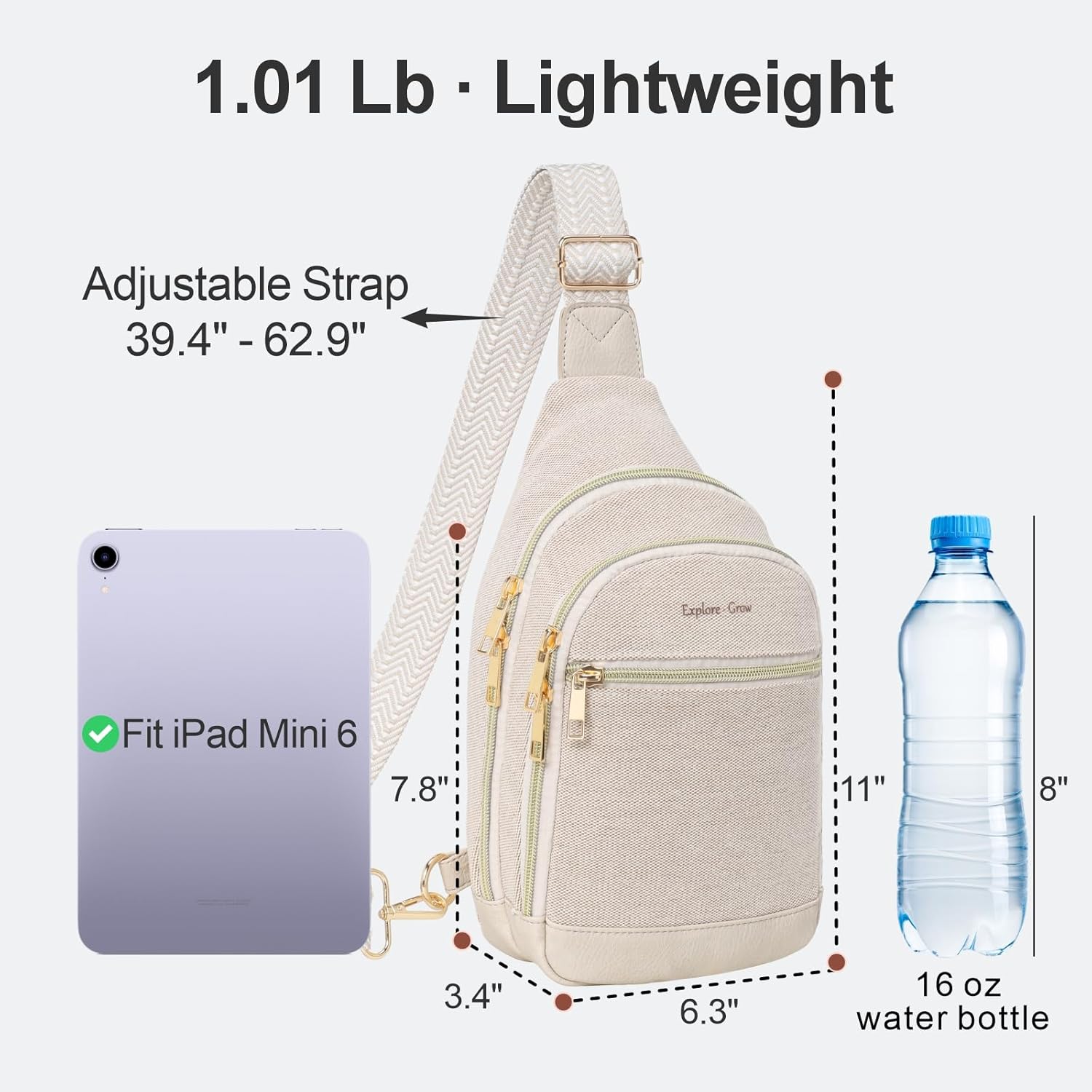 Packism Travel Sling Bag for Women Valentine's Day Gift with Box and Message Card - Anti-Theft Canvas Crossbody Bag with 7 Pockets, Leather Bottom, Fits iPad Mini, 6.3x3.4x11 Inches, Beige