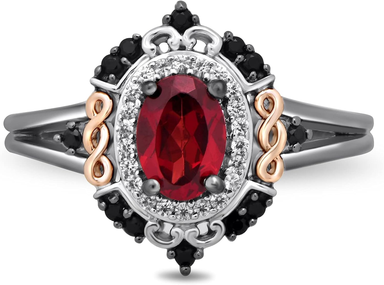 Jewelili Enchanted Disney Fine Jewelry Evil Queen Ring for Women | Black Rhodium over Sterling Silver & 10K Rose Gold | 7X5MM Oval Garnet & 1/5 CTTW Black & White Diamonds | Villain Gifts for her