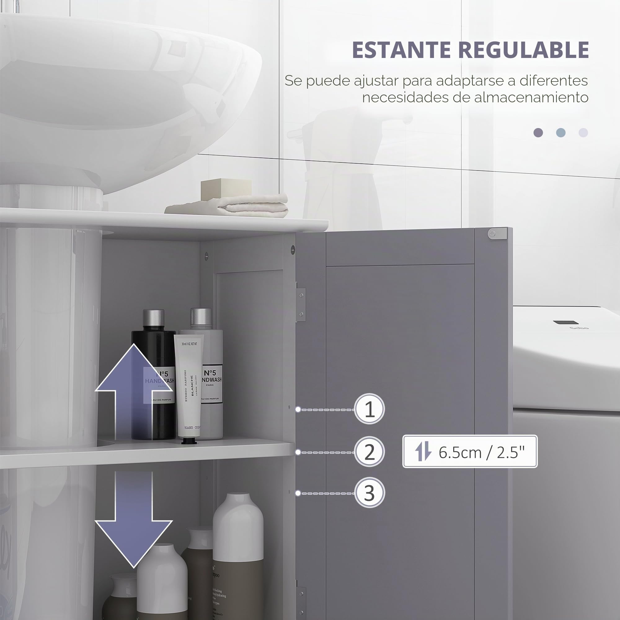 kleankin Armario bajo Lavabo, 2 Puertas, Estante Ajustable, Blanco Gris | Armario bajo lavabo independiente, para lavabo sin o con pedestal
