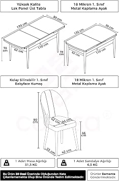 Rada Serisi 80x132 cm Açılabilir Beyaz Mermer Desen Masa, 4 Gri Sandalye, Krom Detay