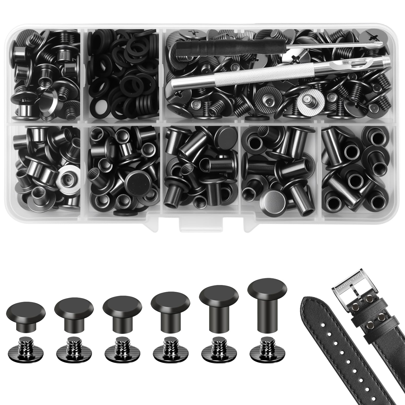 Chicago Binding Schrauben, 150 Stück Chicago Schrauben, M5 x 4/5/6/8/10/12mm Buchschrauben, Schraubnieten für DIY Leder Dekoration,Taschen,Handwerk,Kragen,Geschirr,Gepäck,Geldbörse (Grau schwarz)
