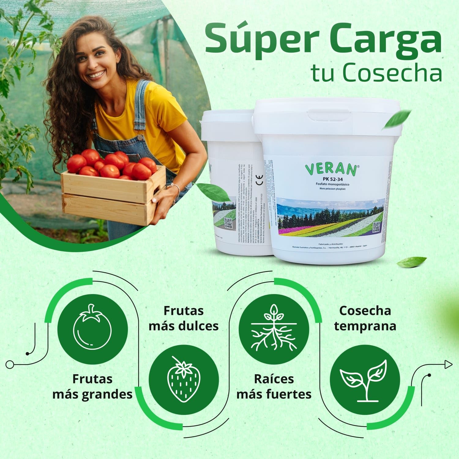 VERAN | Fertilizante Plantas de Flor, Citricos y Huerto PK52-34 | 1KG | Estimula el Crecimiento y el Florecimiento | Hidrosoluble Cristalino Monopotasico + Fosforo | Abono de Fosforo y Potasio