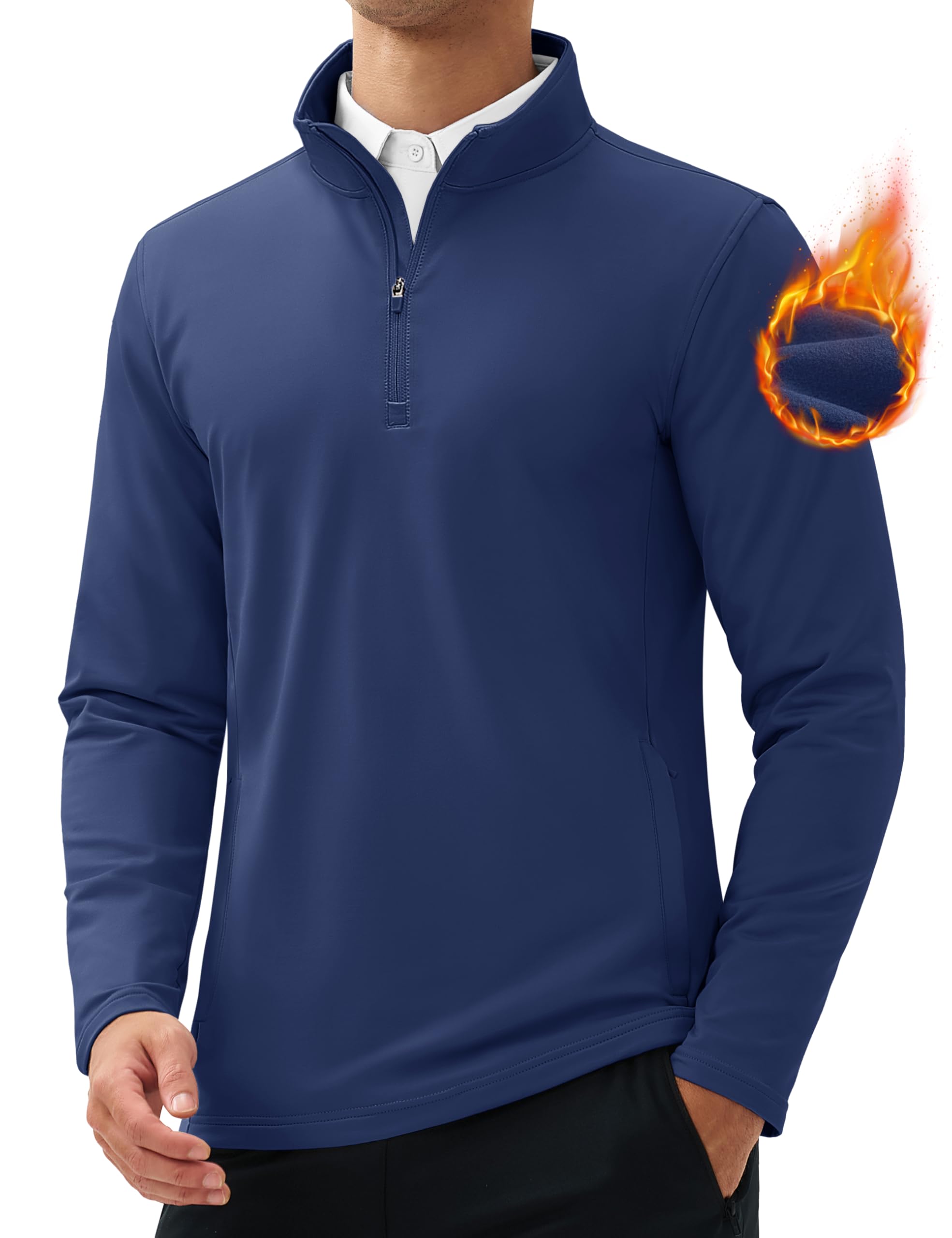 MAGCOMSEN Quarter Zip Pullover Men 1/4 Zip Golf Jacket Fleece Lined Water Resistant Sweatshirt 2 Zipper Pockets Winter